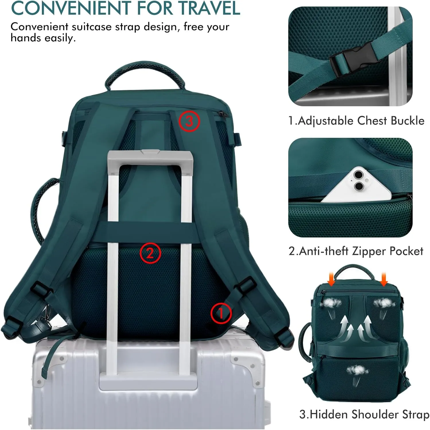 Beraliy Travel Backpack, Carry on Backpack, Airline Approved Personal Item Bag, 16 Inch Laptop Backpack, Waterproof Hiking Daypack Backpack, Weekender Bag, Peacock Blue