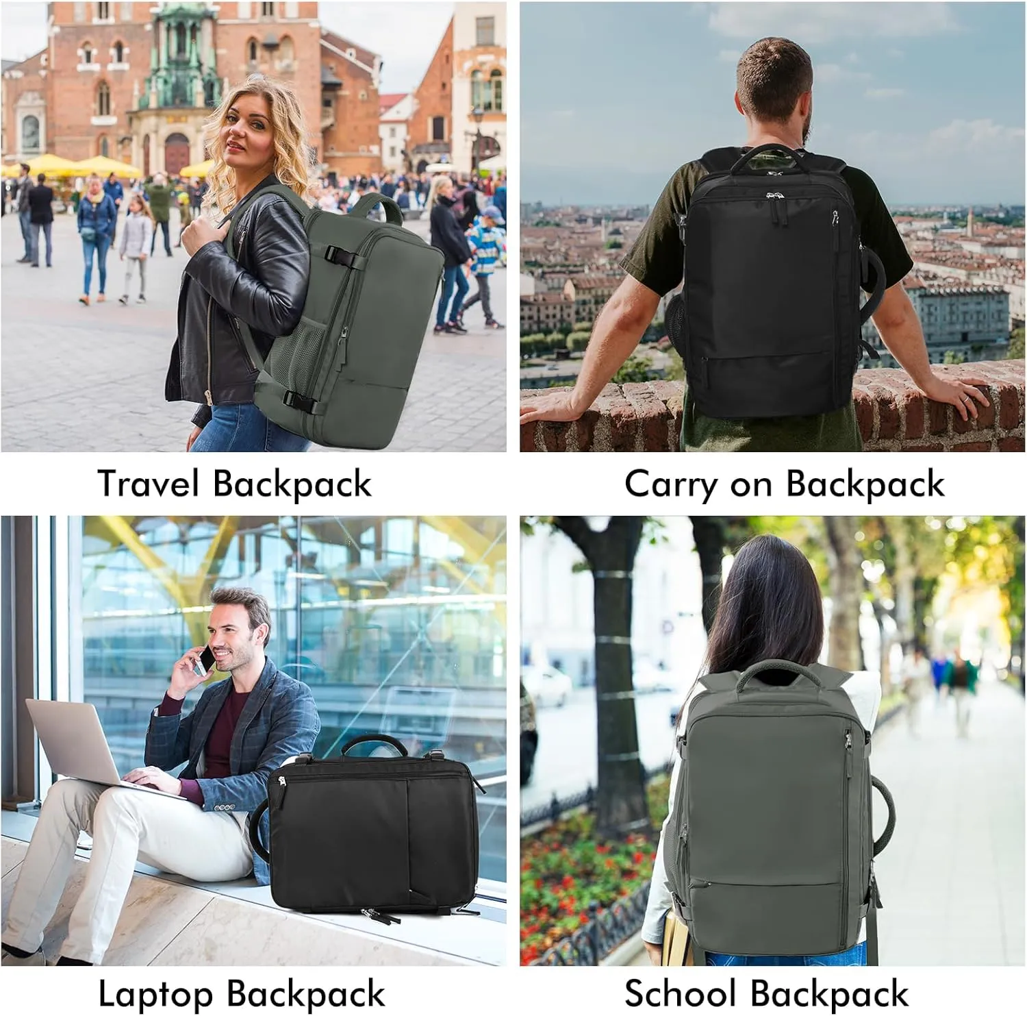 Beraliy Travel Backpack for Men Women, Carry On Backpack, 16 Inch Laptop Backpack, Waterproof Hiking Backpack, Casual Outdoor Daypack College Bag, Olive-green