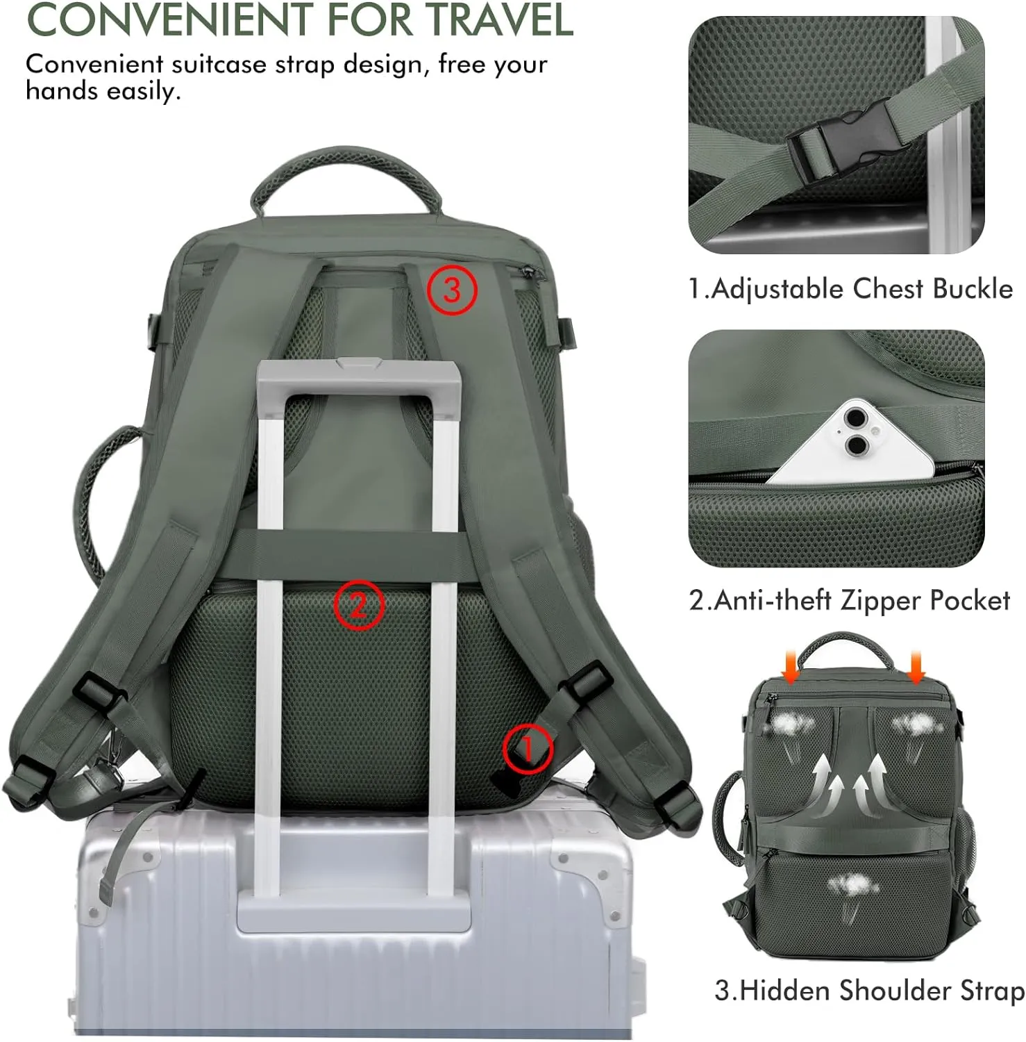 Beraliy Travel Backpack for Men Women, Carry On Backpack, 16 Inch Laptop Backpack, Waterproof Hiking Backpack, Casual Outdoor Daypack College Bag, Olive-green
