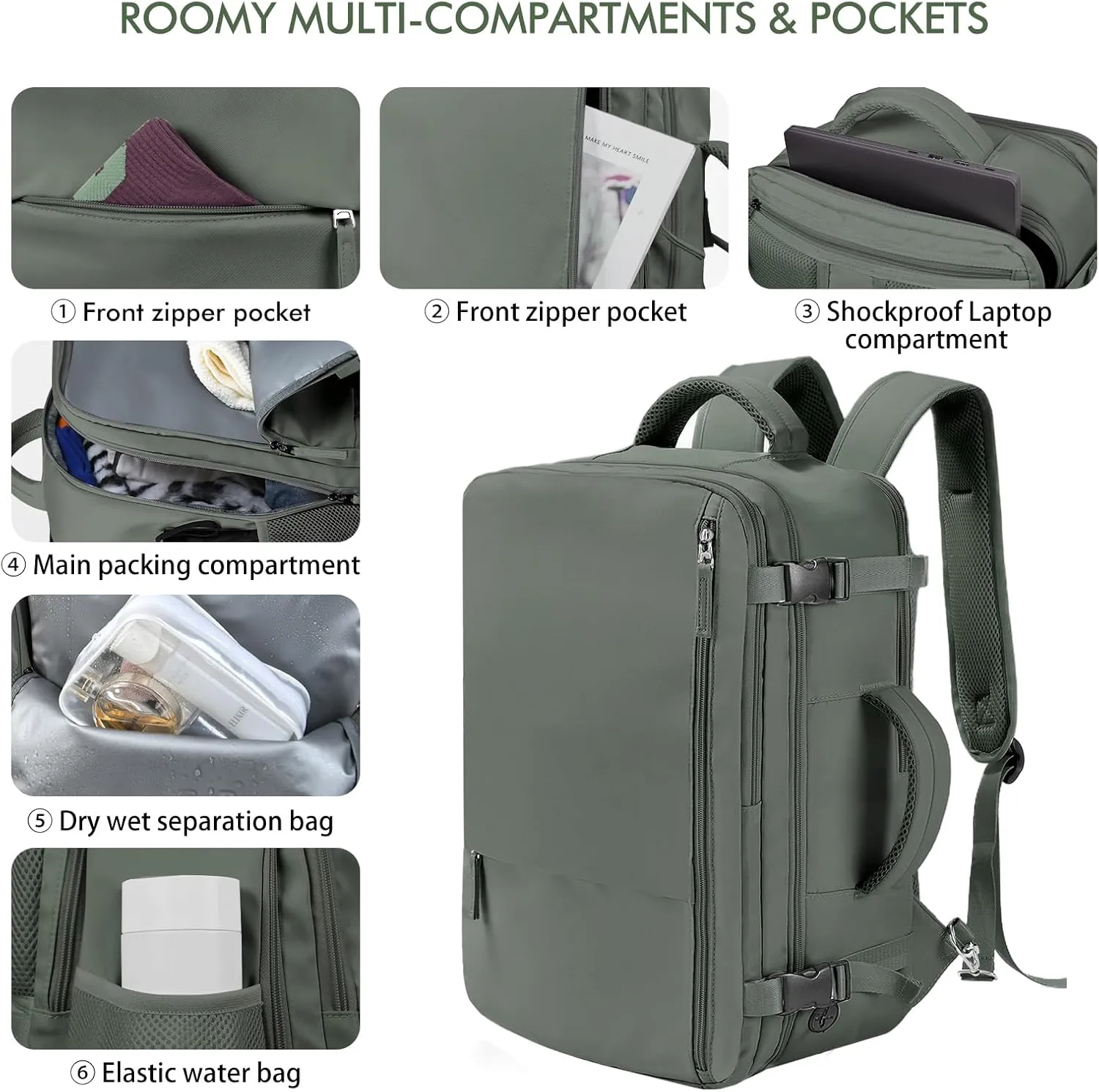 Beraliy Travel Backpack for Men Women, Carry On Backpack, 16 Inch Laptop Backpack, Waterproof Hiking Backpack, Casual Outdoor Daypack College Bag, Olive-green
