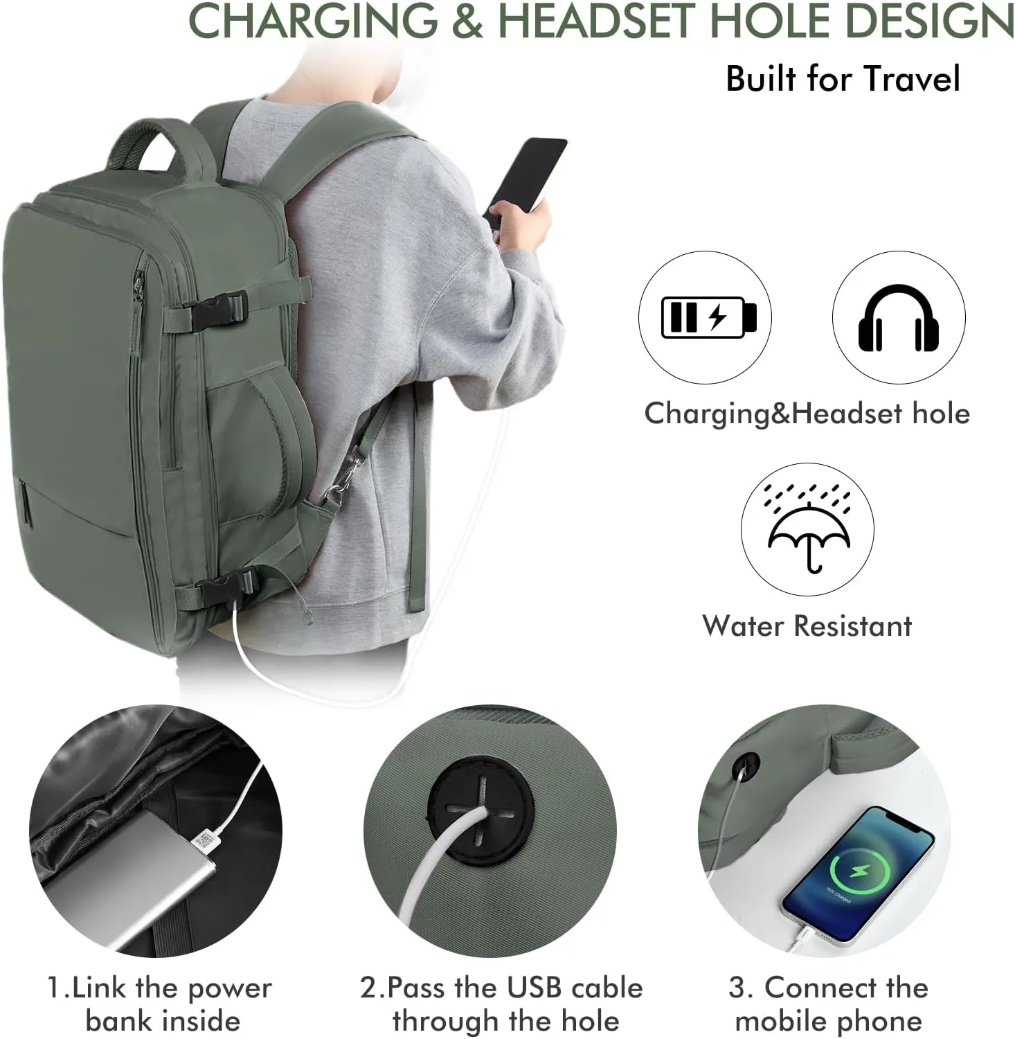 Beraliy Travel Backpack for Men Women, Carry On Backpack, 16 Inch Laptop Backpack, Waterproof Hiking Backpack, Casual Outdoor Daypack College Bag, Olive-green