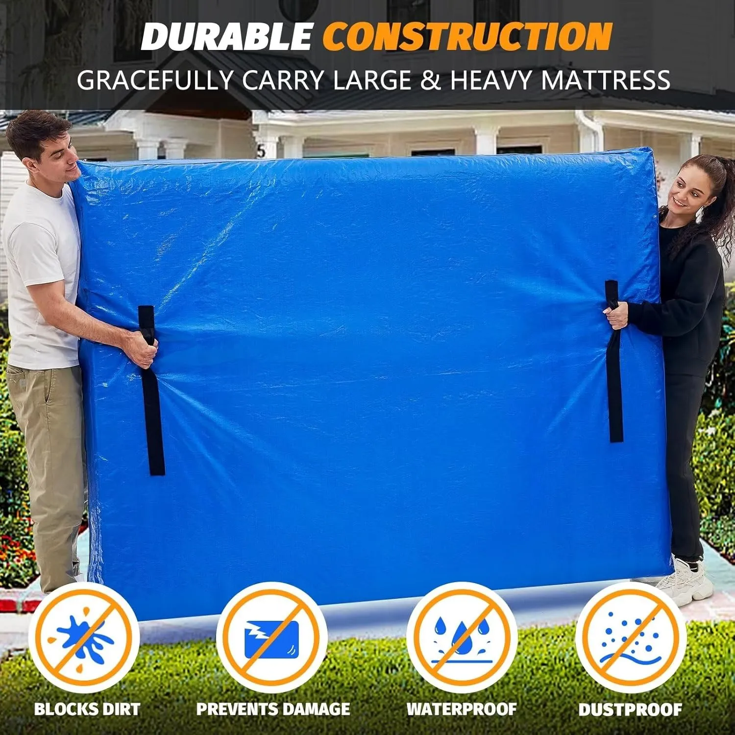 BETU Mattress Bags for Moving, Mattress Protector Waterproof Mattress Cover King Size Storage Bags with 8 Heavy-Duty Handles and Zipper for Bed Extra Thick Large Reusable (82"x79"x15" Blue)