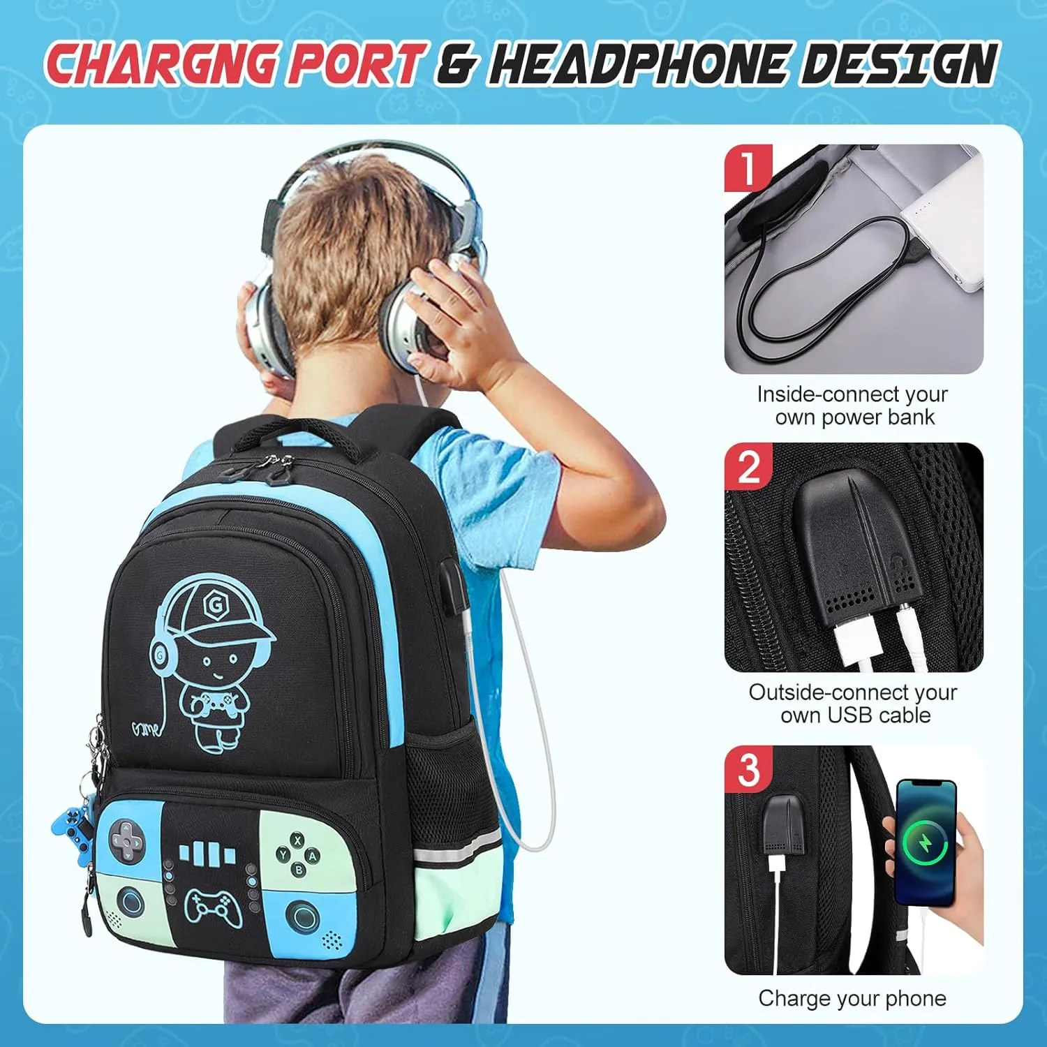 Bevalsa Backpack for School Boys, Cool Luminous Gamer Boys Backpack with Lunch Box & Pencil Case Set for Kids Children Teens Elementary Middle Schools, Schoolbag Bookbag Glow In The Dark (Blue Green)