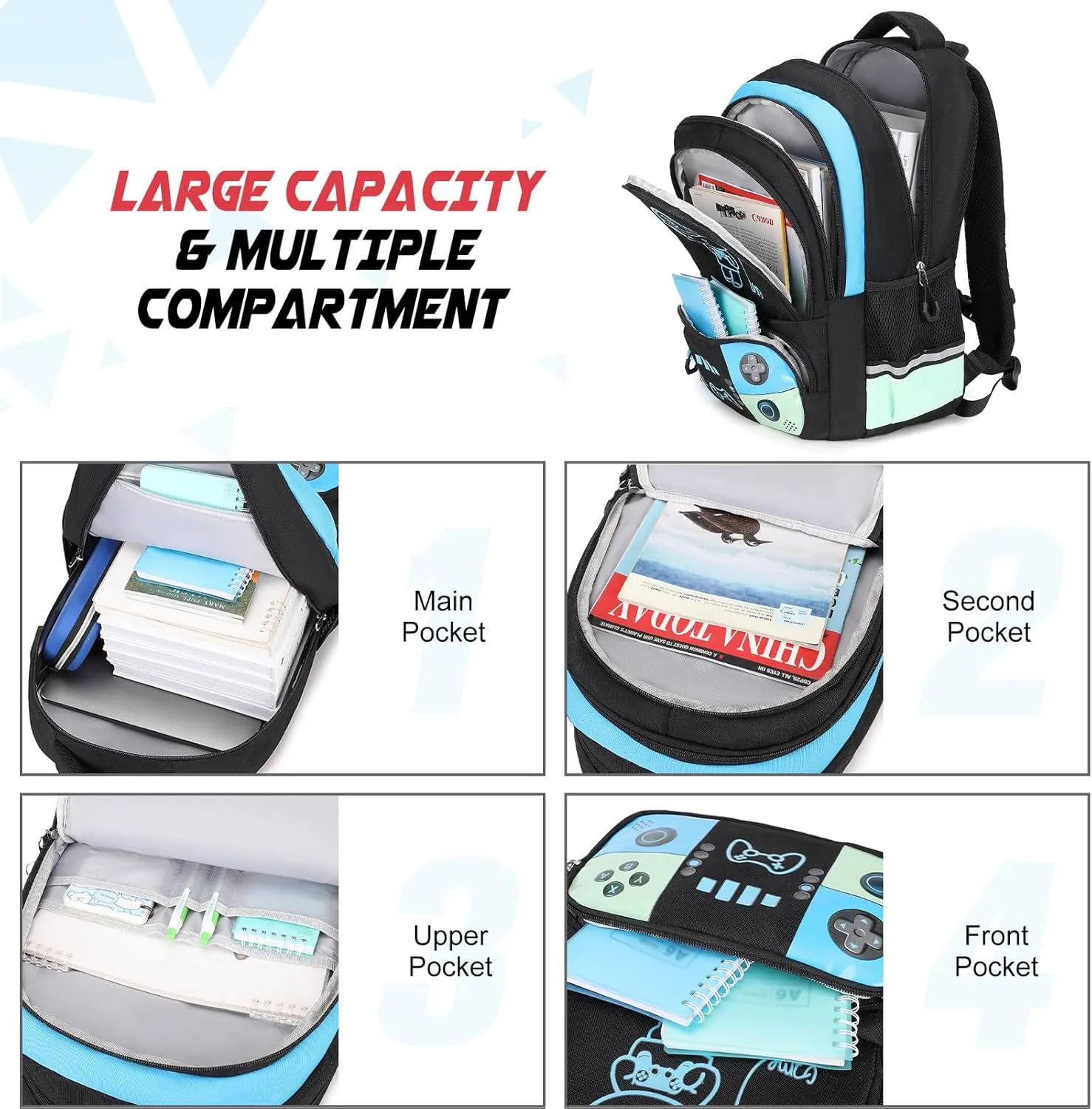 Bevalsa Backpack for School Boys, Cool Luminous Gamer Boys Backpack with Lunch Box & Pencil Case Set for Kids Children Teens Elementary Middle Schools, Schoolbag Bookbag Glow In The Dark (Blue Green)