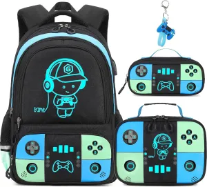 Bevalsa Backpack for School Boys, Cool Luminous Gamer Boys Backpack with Lunch Box & Pencil Case Set for Kids Children Teens Elementary Middle Schools, Schoolbag Bookbag Glow In The Dark (Blue Green)