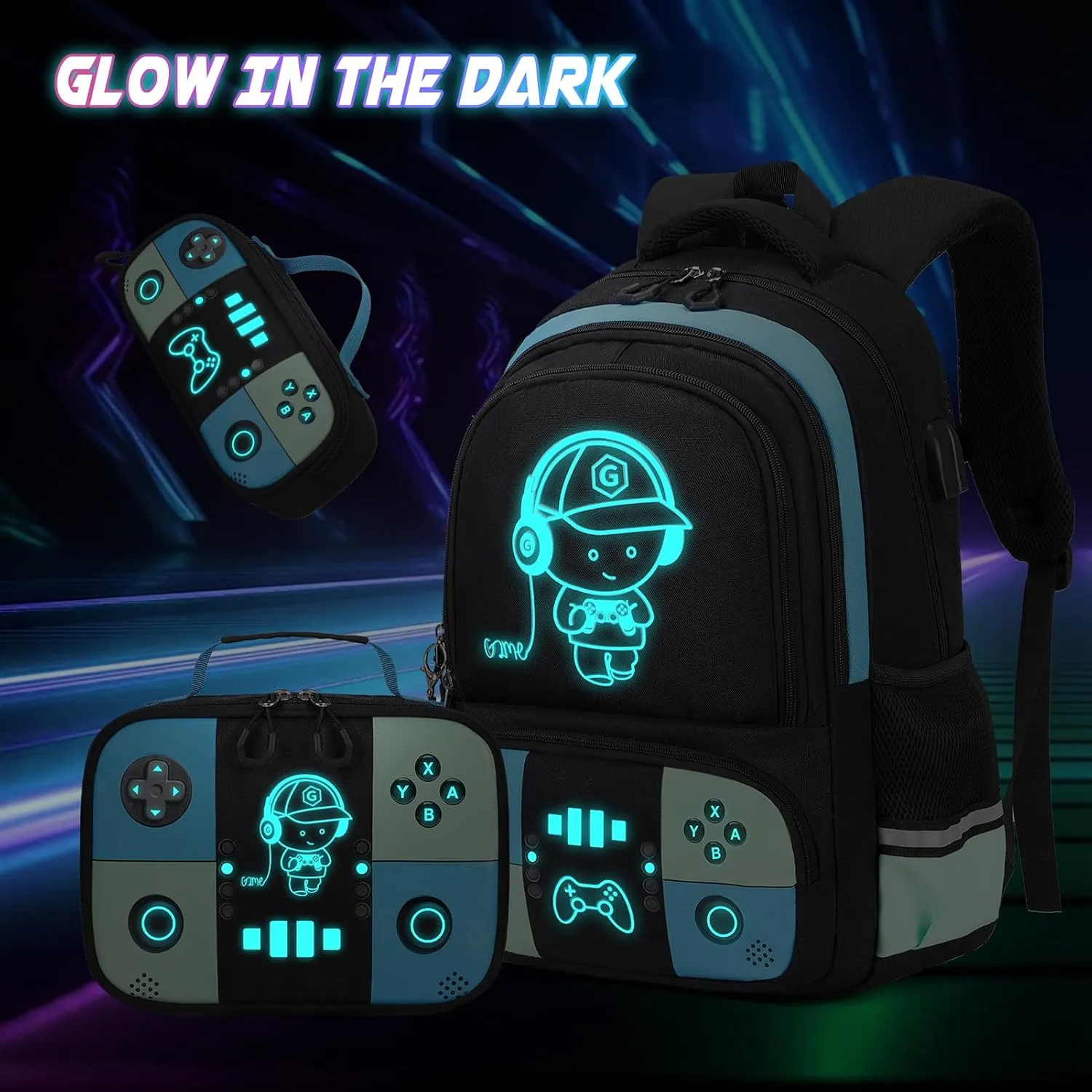 Bevalsa Backpack for School Boys, Cool Luminous Gamer Boys Backpack with Lunch Box & Pencil Case Set for Kids Children Teens Elementary Middle Schools, Schoolbag Bookbag Glow In The Dark (Blue Green)