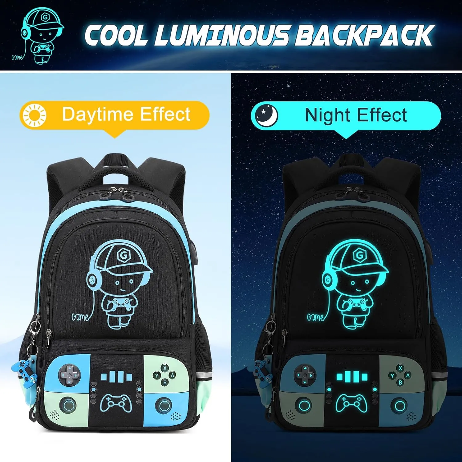 Bevalsa Backpack for School Boys, Cool Luminous Gamer Boys Backpack with Lunch Box & Pencil Case Set for Kids Children Teens Elementary Middle Schools, Schoolbag Bookbag Glow In The Dark (Blue Green)