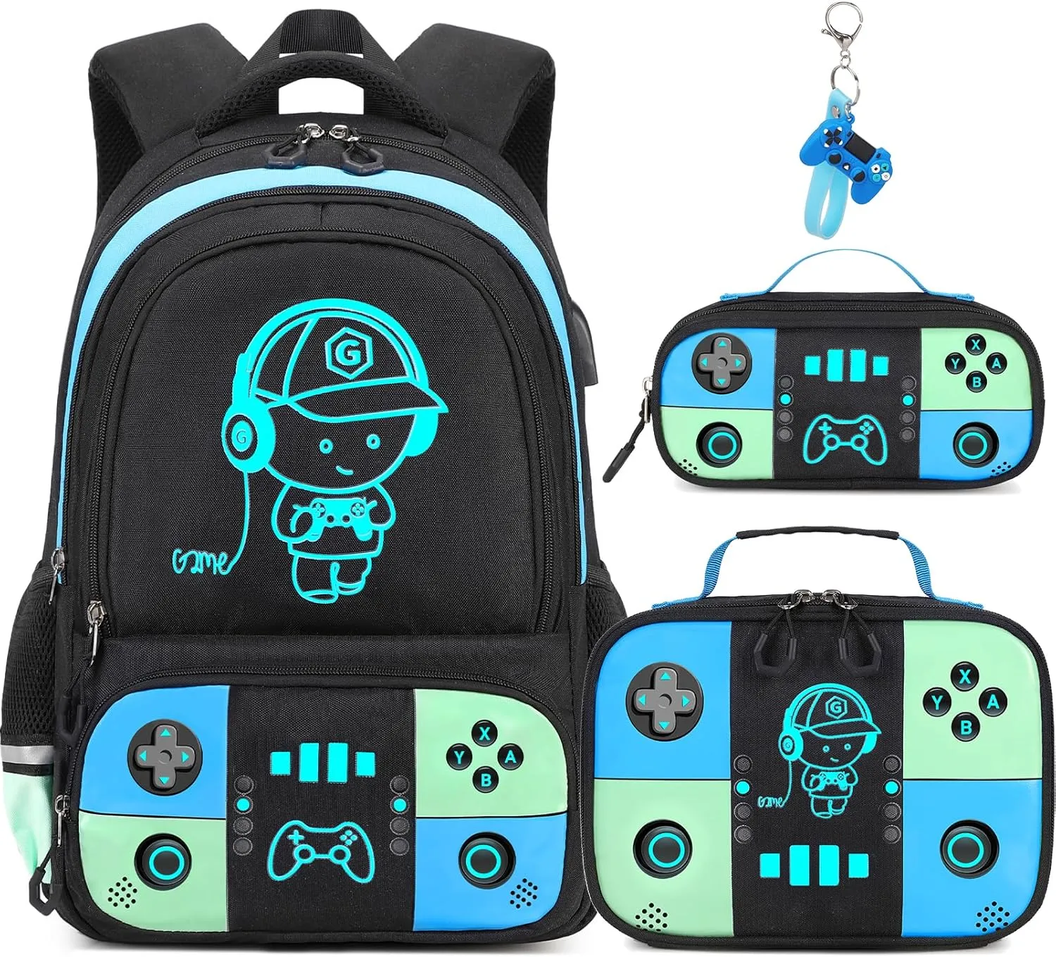Bevalsa Backpack for School Boys, Cool Luminous Gamer Boys Backpack with Lunch Box & Pencil Case Set for Kids Children Teens Elementary Middle Schools, Schoolbag Bookbag Glow In The Dark (Blue Green)