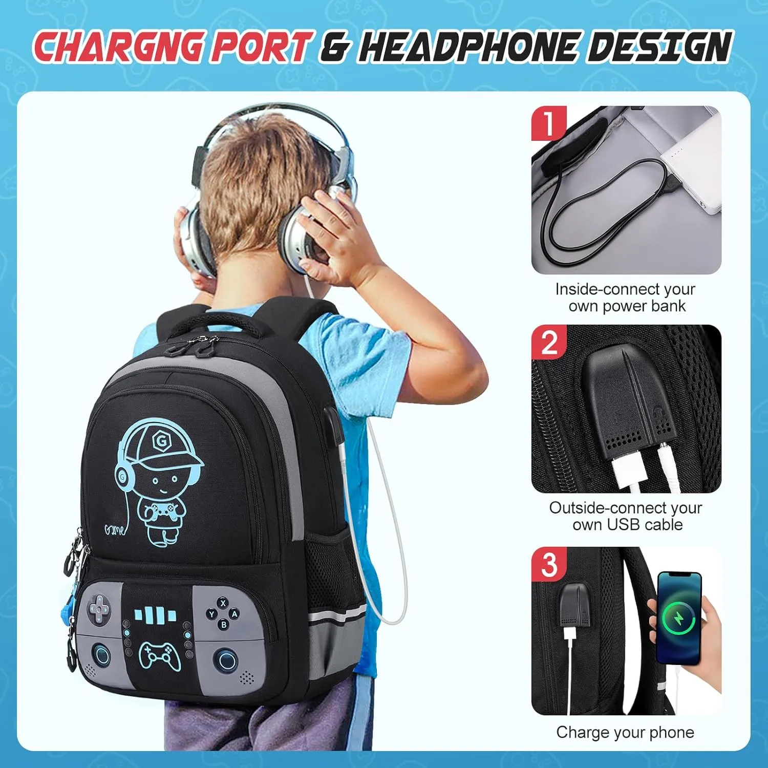 Bevalsa Backpack for School Boys, Cool Luminous Gamer Boys Backpack with Lunch Box & Pencil Pouch Set for Kids Children Teens Elementary Middle Schools, Schoolbag Bookbag Glow In The Dark (Grey)