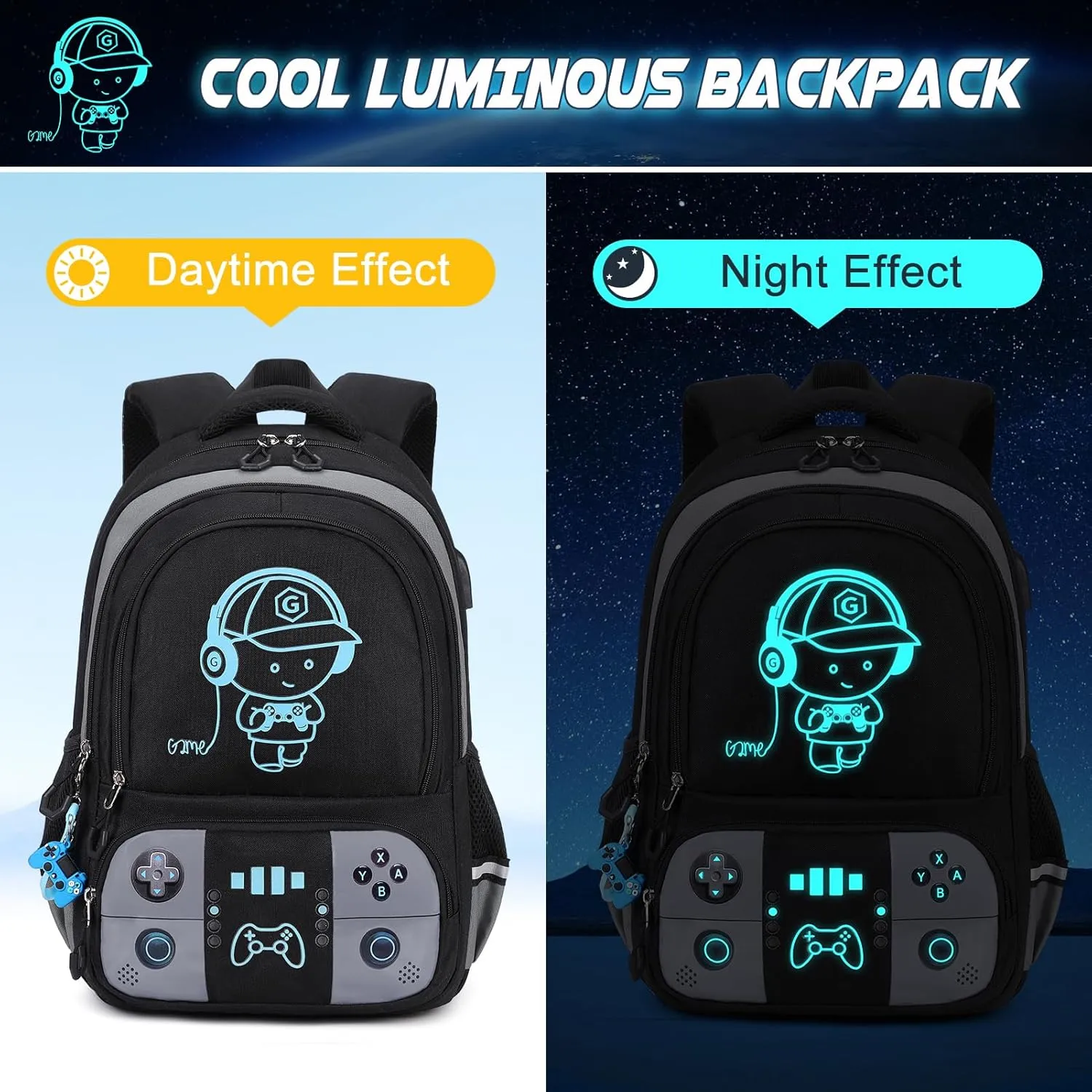 Bevalsa Backpack for School Boys, Cool Luminous Gamer Boys Backpack with Lunch Box & Pencil Pouch Set for Kids Children Teens Elementary Middle Schools, Schoolbag Bookbag Glow In The Dark (Grey)