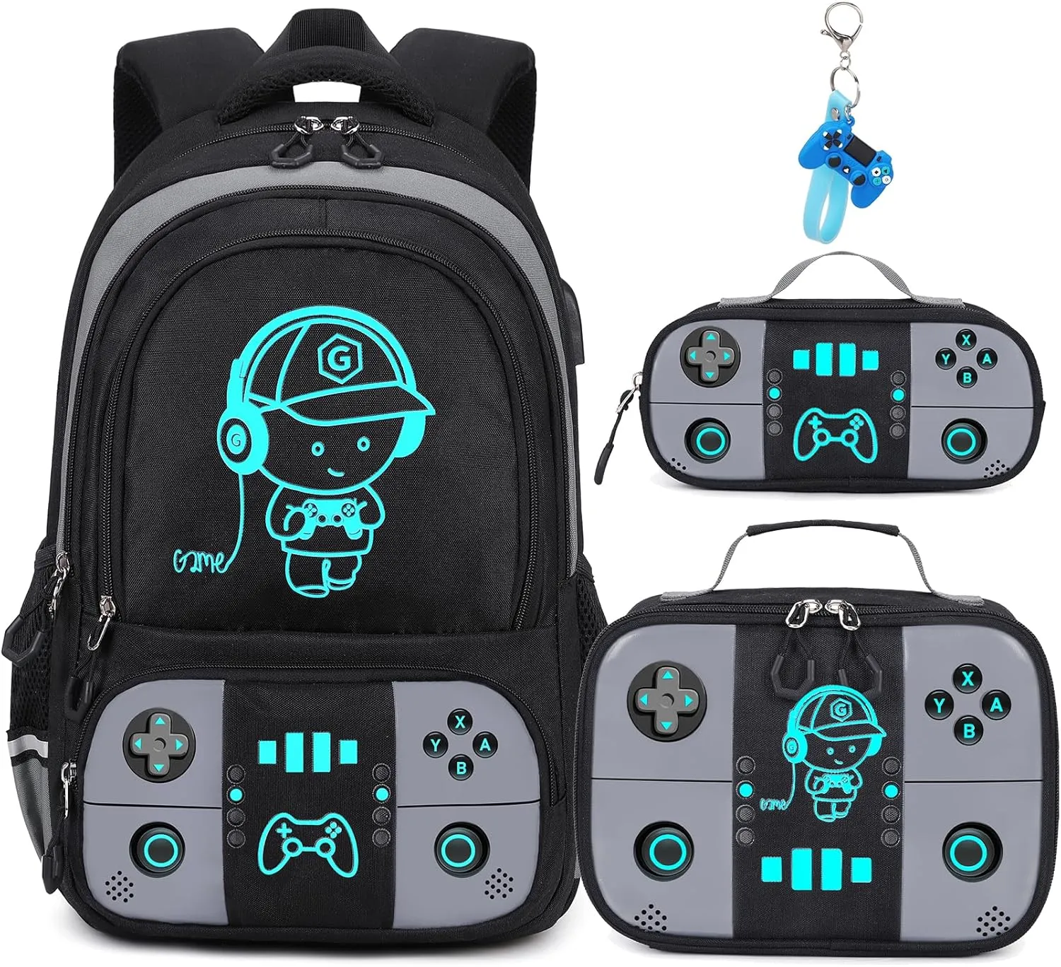 Bevalsa Backpack for School Boys, Cool Luminous Gamer Boys Backpack with Lunch Box & Pencil Pouch Set for Kids Children Teens Elementary Middle Schools, Schoolbag Bookbag Glow In The Dark (Grey)