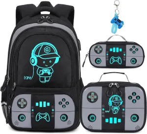 Bevalsa Backpack for School Boys, Cool Luminous Gamer Boys Backpack with Lunch Box & Pencil Pouch Set for Kids Children Teens Elementary Middle Schools, Schoolbag Bookbag Glow In The Dark (Grey)