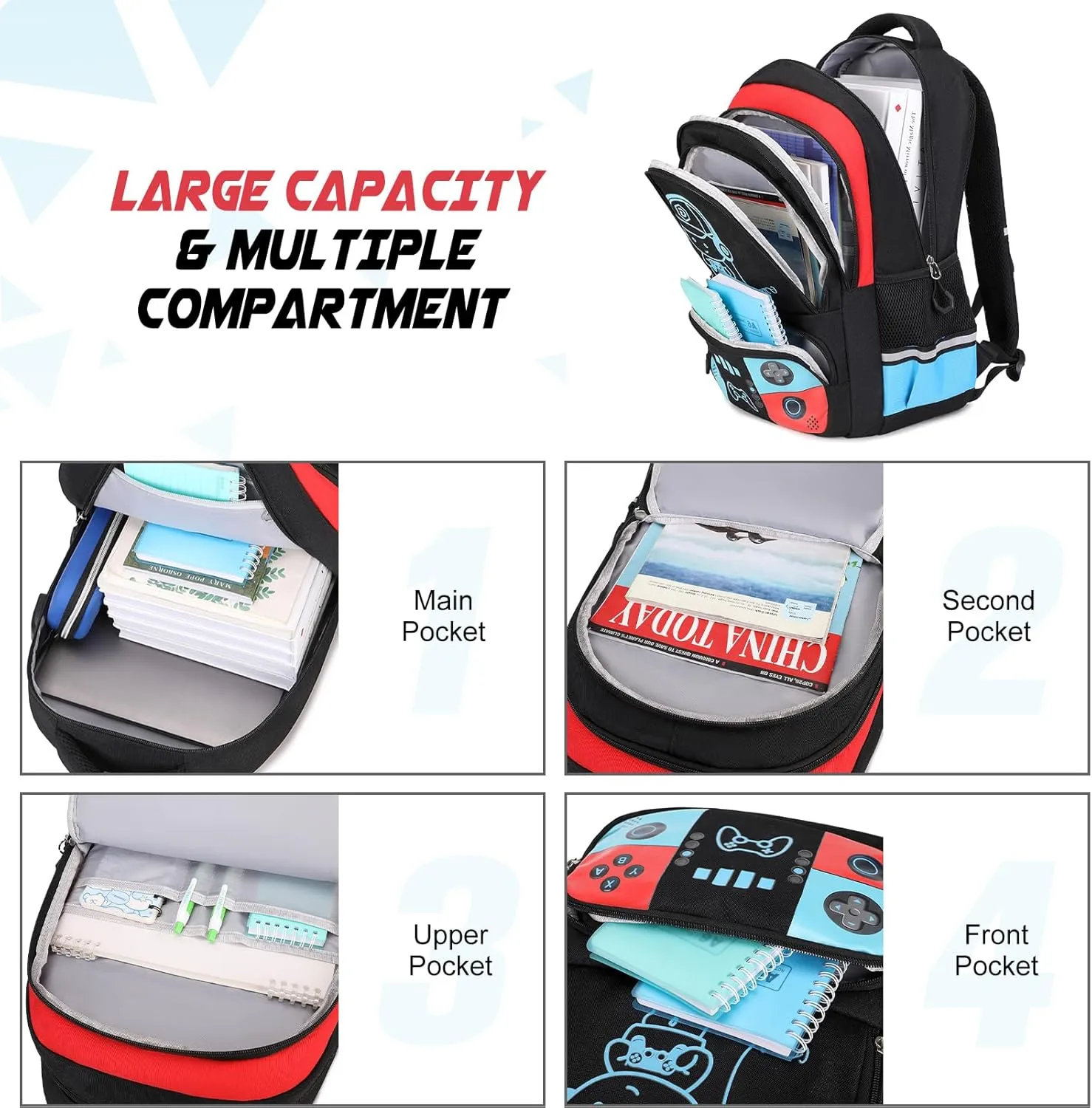 Bevalsa Backpack for School Boys, Cool Luminous Gamer Boys Backpack with Lunch Box & Pencil Pouch Set for Kids Children Teens Elementary Middle Schools, Schoolbag Bookbag Glow In The Dark (Red Blue)