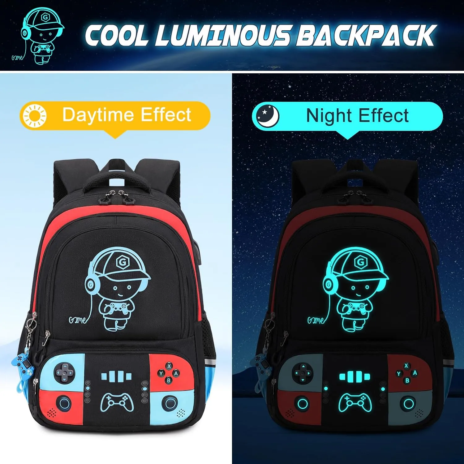 Bevalsa Backpack for School Boys, Cool Luminous Gamer Boys Backpack with Lunch Box & Pencil Pouch Set for Kids Children Teens Elementary Middle Schools, Schoolbag Bookbag Glow In The Dark (Red Blue)