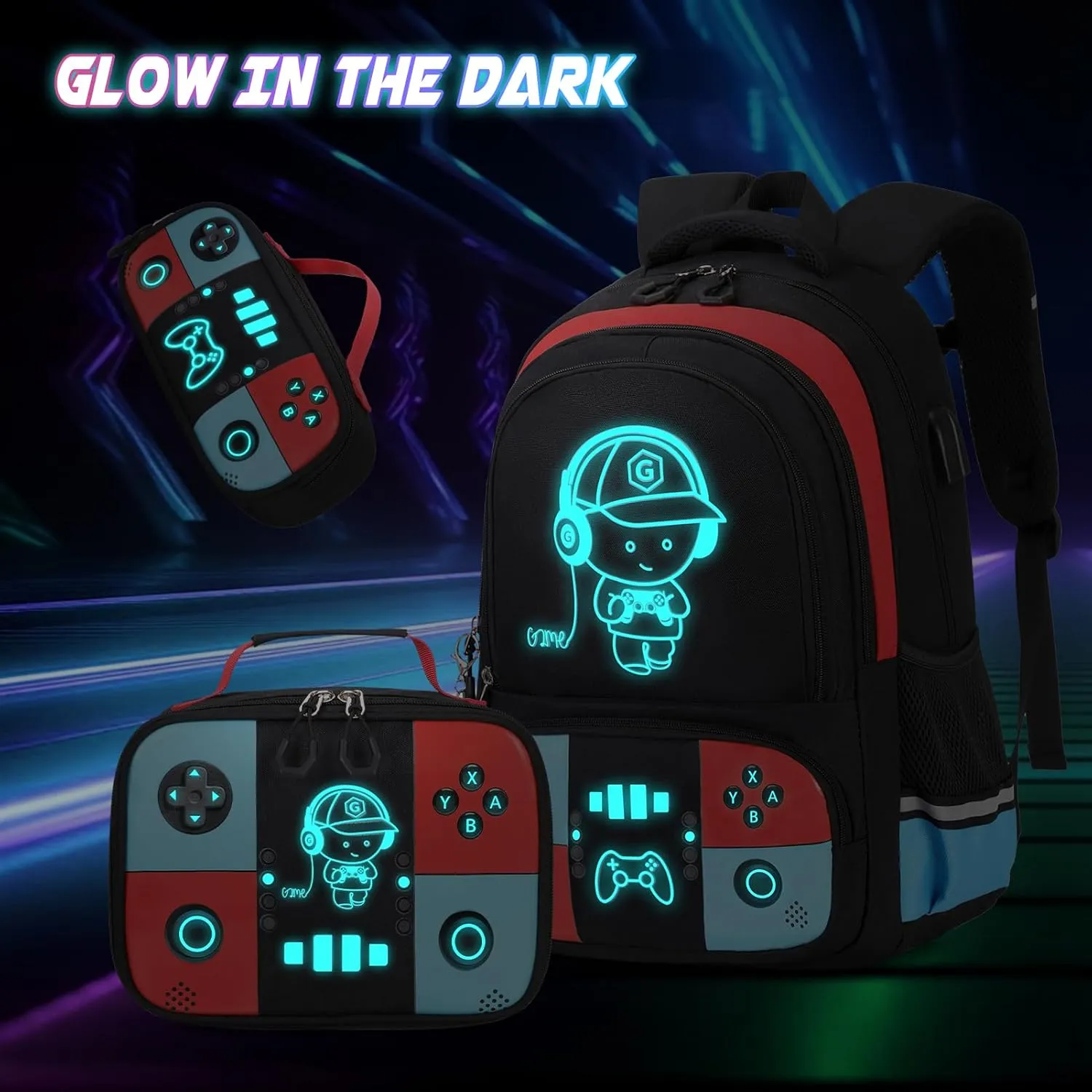 Bevalsa Backpack for School Boys, Cool Luminous Gamer Boys Backpack with Lunch Box & Pencil Pouch Set for Kids Children Teens Elementary Middle Schools, Schoolbag Bookbag Glow In The Dark (Red Blue)