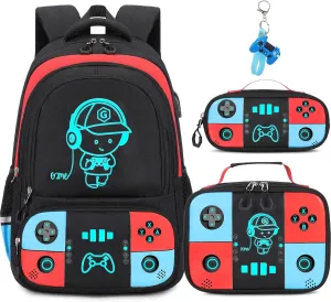 Bevalsa Backpack for School Boys, Cool Luminous Gamer Boys Backpack with Lunch Box & Pencil Pouch Set for Kids Children Teens Elementary Middle Schools, Schoolbag Bookbag Glow In The Dark (Red Blue)