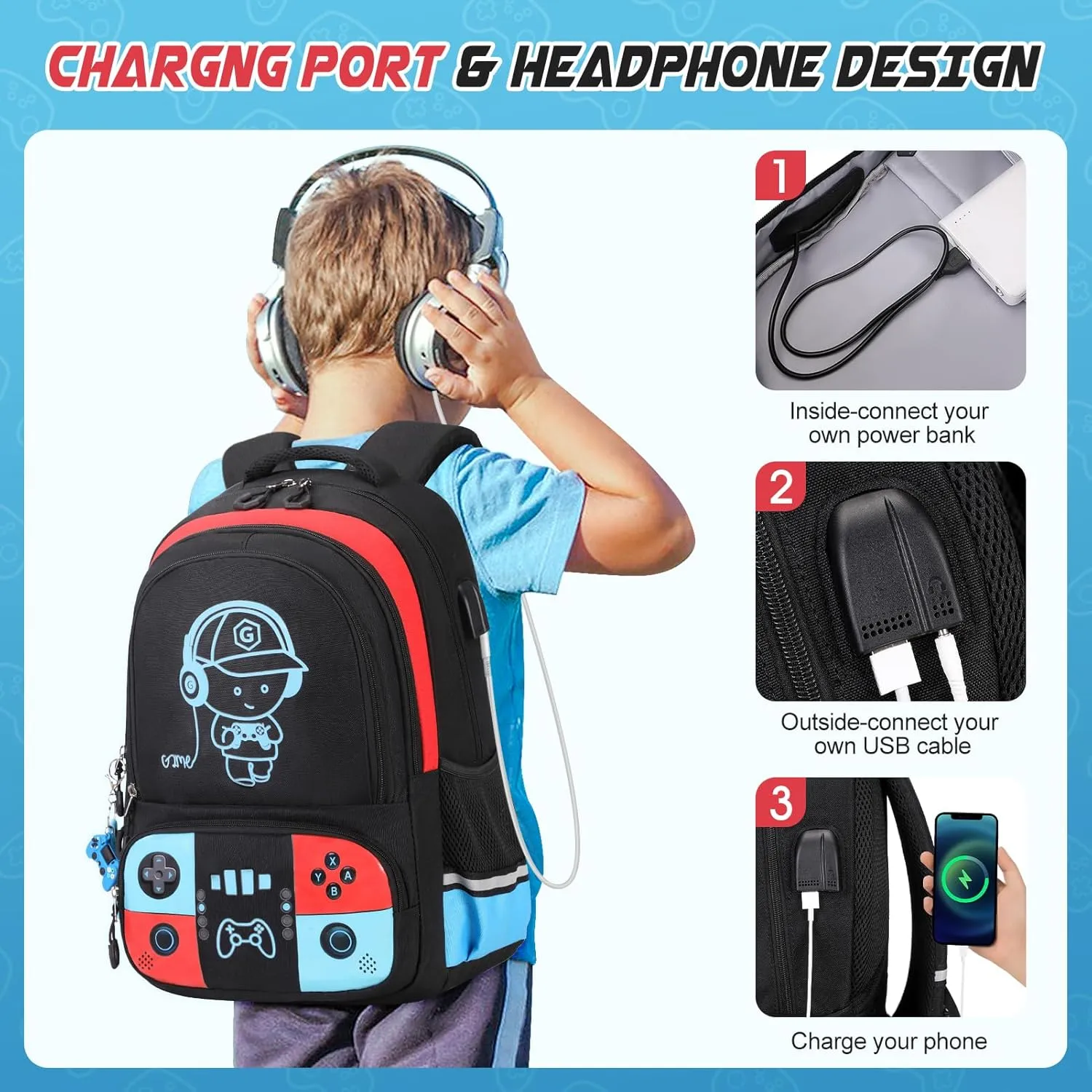 Bevalsa Backpack for School Boys, Cool Luminous Gamer Boys Backpack with Lunch Box & Pencil Pouch Set for Kids Children Teens Elementary Middle Schools, Schoolbag Bookbag Glow In The Dark (Red Blue)