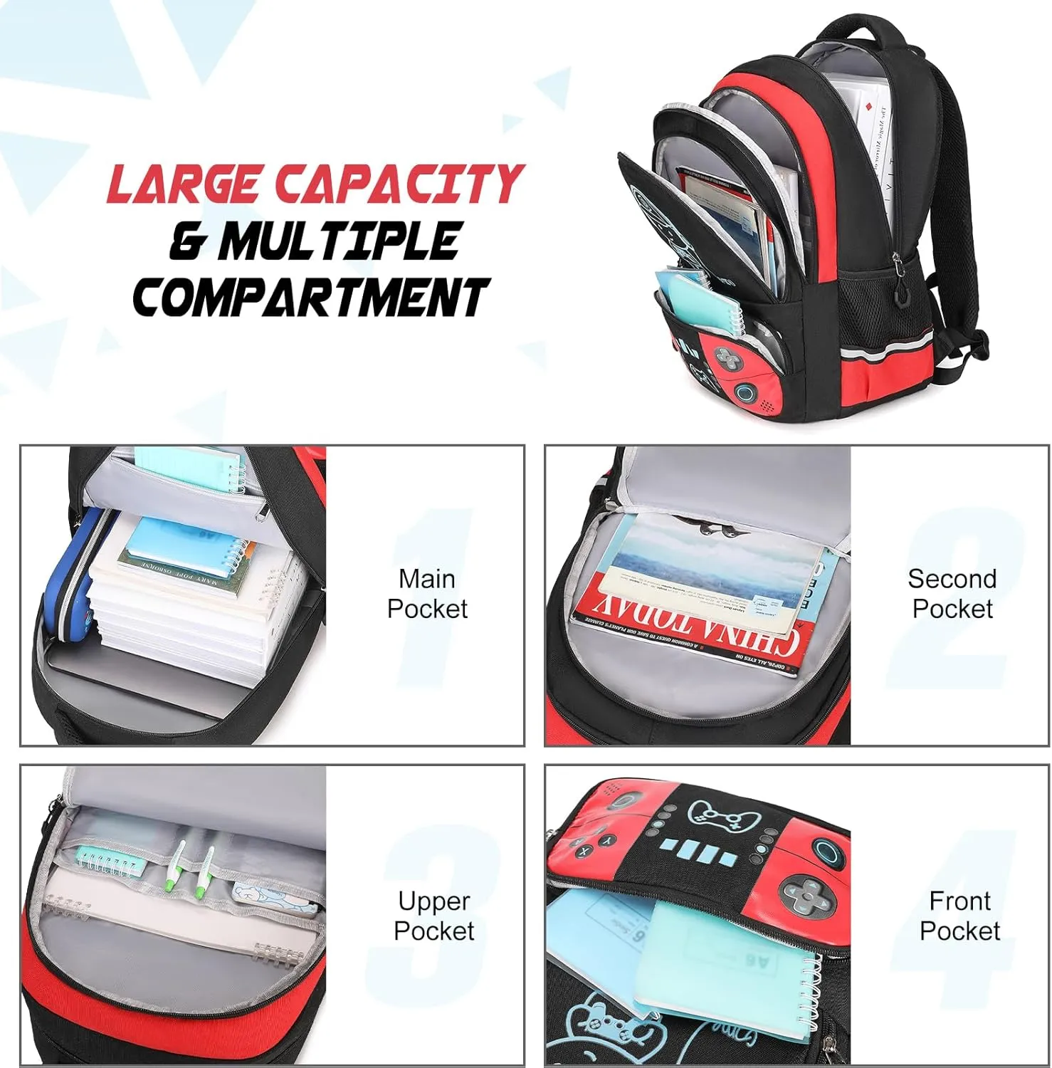 Bevalsa Backpack for School Boys, Cool Luminous Gamer Boys Backpack with Lunch Box & Pencil Pouch Set for Kids Children Teens Elementary Middle Schools, Schoolbag Bookbag Glow In The Dark (Red)