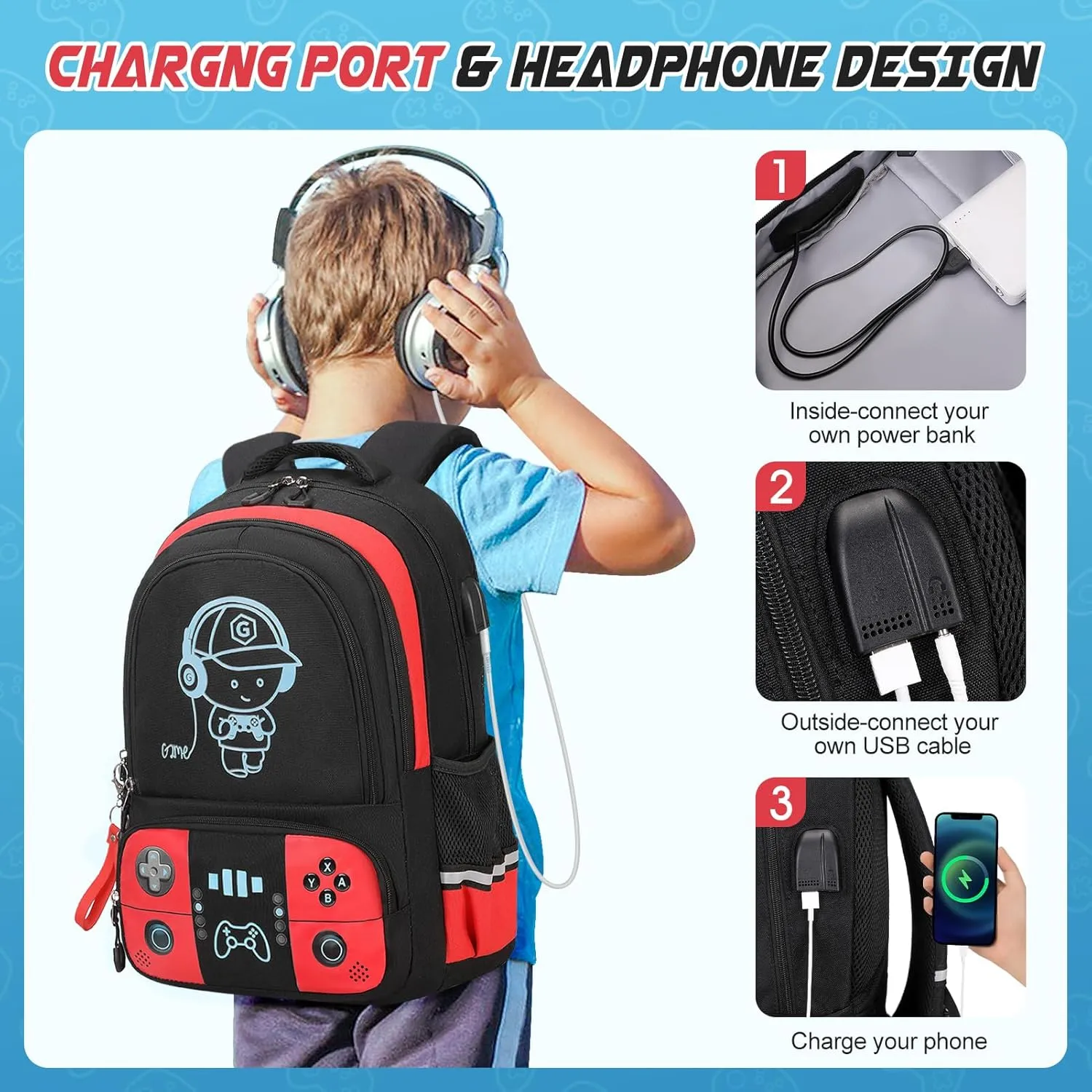 Bevalsa Backpack for School Boys, Cool Luminous Gamer Boys Backpack with Lunch Box & Pencil Pouch Set for Kids Children Teens Elementary Middle Schools, Schoolbag Bookbag Glow In The Dark (Red)