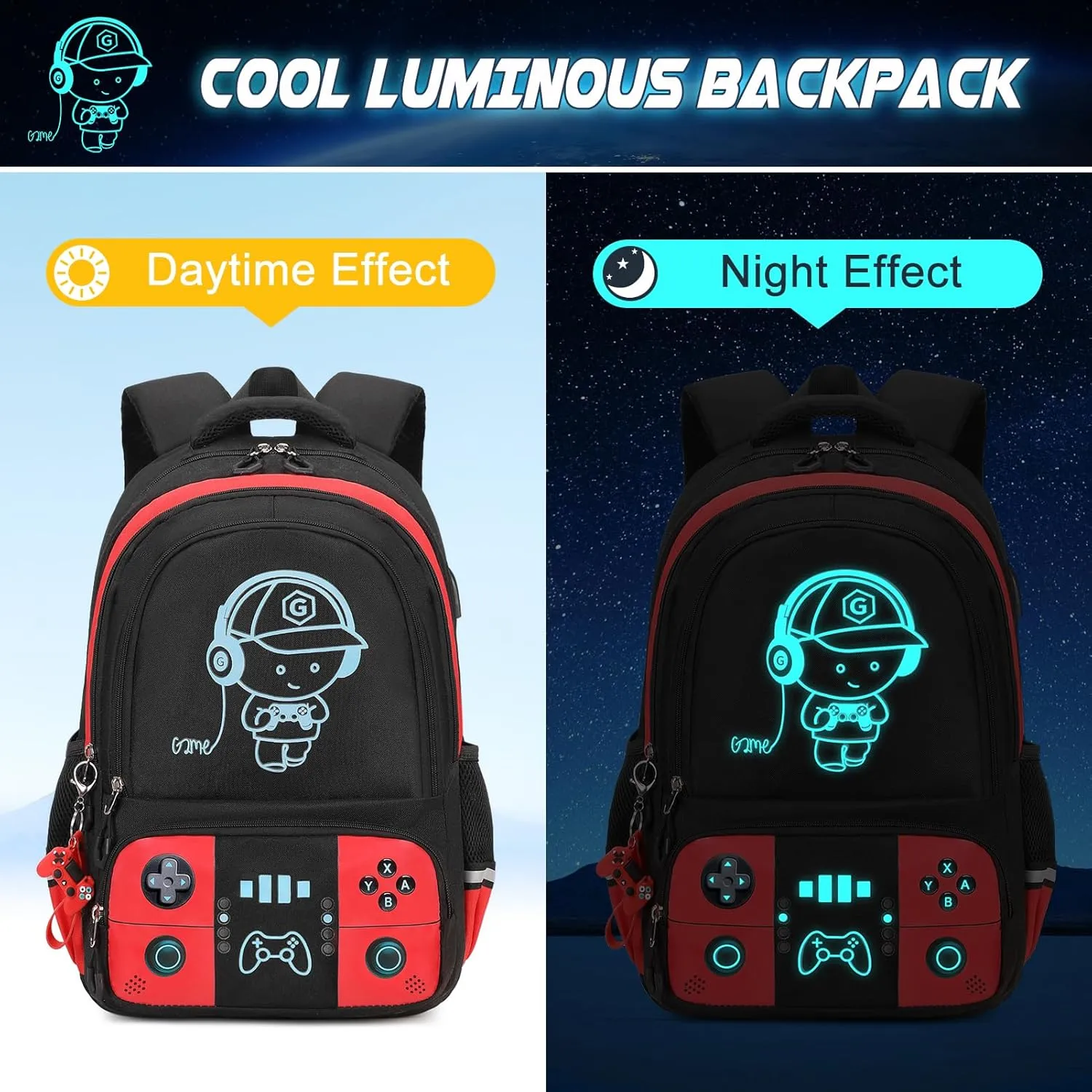 Bevalsa Backpack for School Boys, Cool Luminous Gamer Boys Backpack with Lunch Box & Pencil Pouch Set for Kids Children Teens Elementary Middle Schools, Schoolbag Bookbag Glow In The Dark (Red)