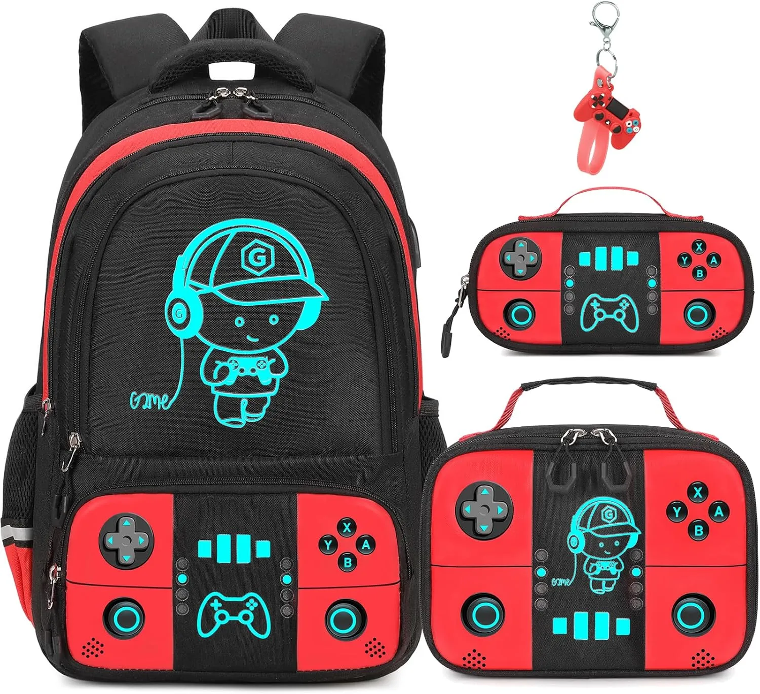 Bevalsa Backpack for School Boys, Cool Luminous Gamer Boys Backpack with Lunch Box & Pencil Pouch Set for Kids Children Teens Elementary Middle Schools, Schoolbag Bookbag Glow In The Dark (Red)