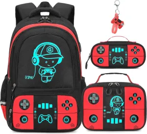 Bevalsa Backpack for School Boys, Cool Luminous Gamer Boys Backpack with Lunch Box & Pencil Pouch Set for Kids Children Teens Elementary Middle Schools, Schoolbag Bookbag Glow In The Dark (Red)