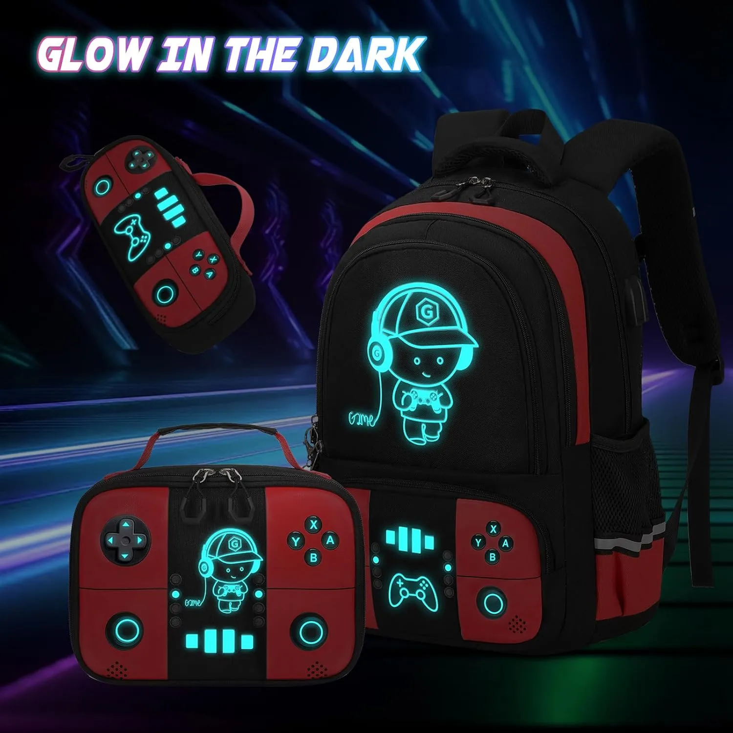 Bevalsa Backpack for School Boys, Cool Luminous Gamer Boys Backpack with Lunch Box & Pencil Pouch Set for Kids Children Teens Elementary Middle Schools, Schoolbag Bookbag Glow In The Dark (Red)