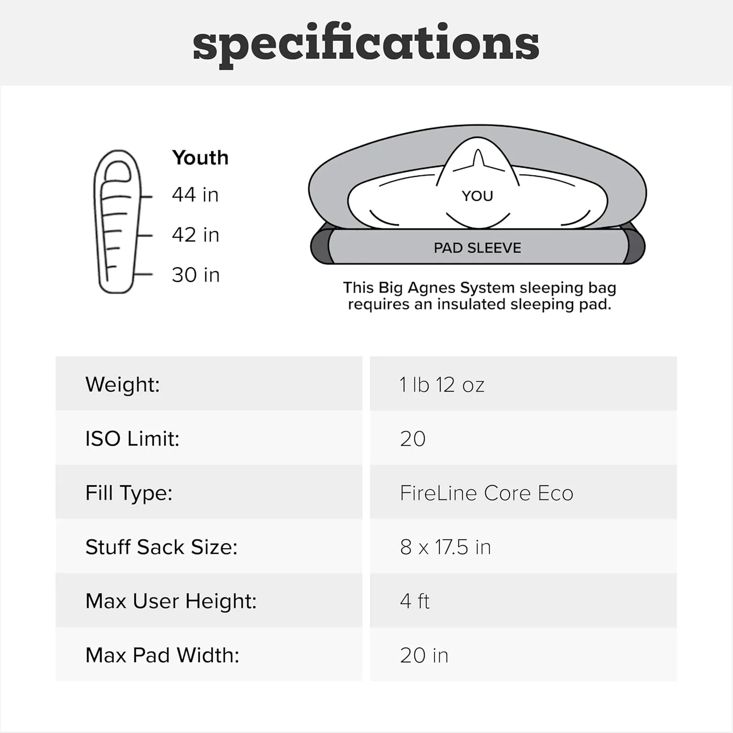 Big Agnes Ultralight Cold Weather Backpacking and Camping, Kids, Juniors, Teens, 20 Degrees