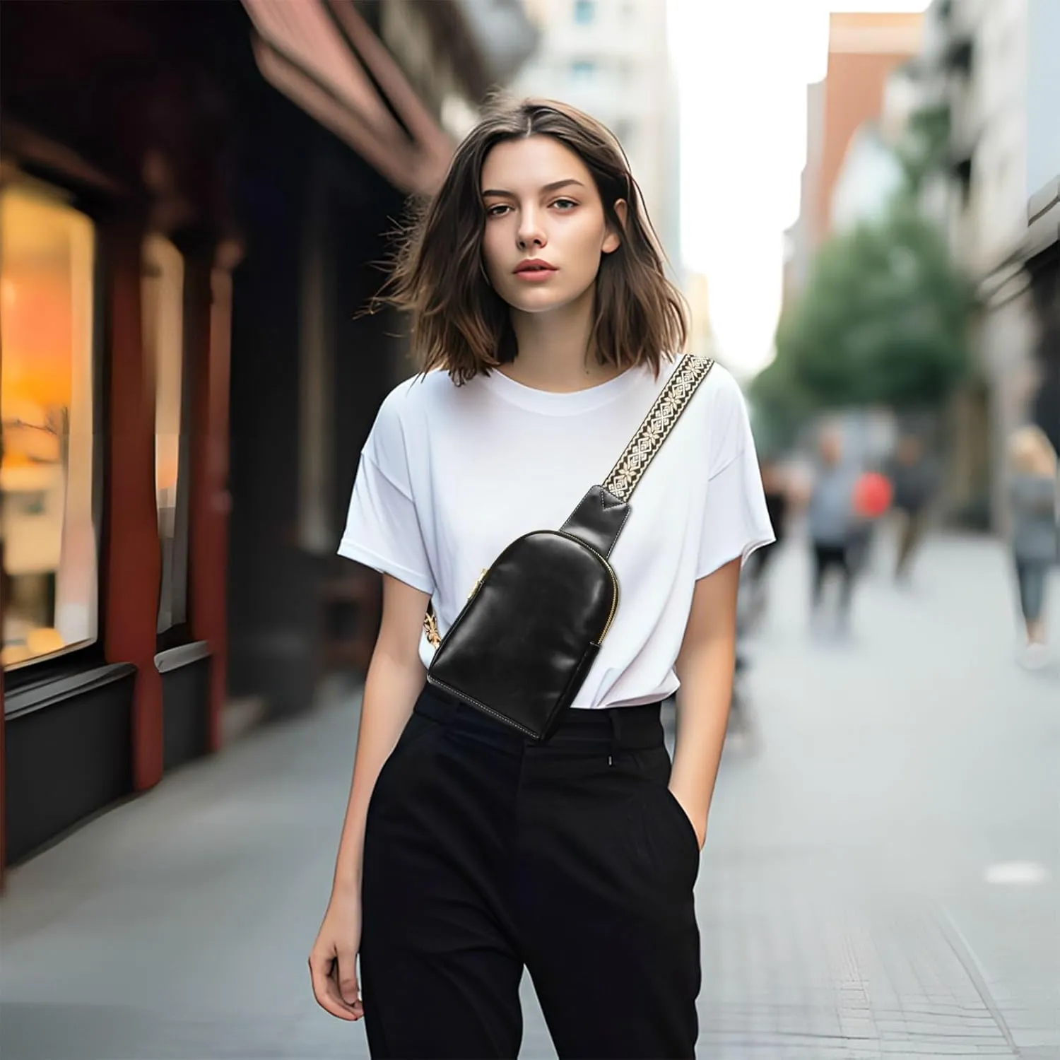 Black Crossbody Sling Bag for Women Men Leather Chest Bags Purse Adjustable Cross Body Daypack for Travel Workout Outdoors
