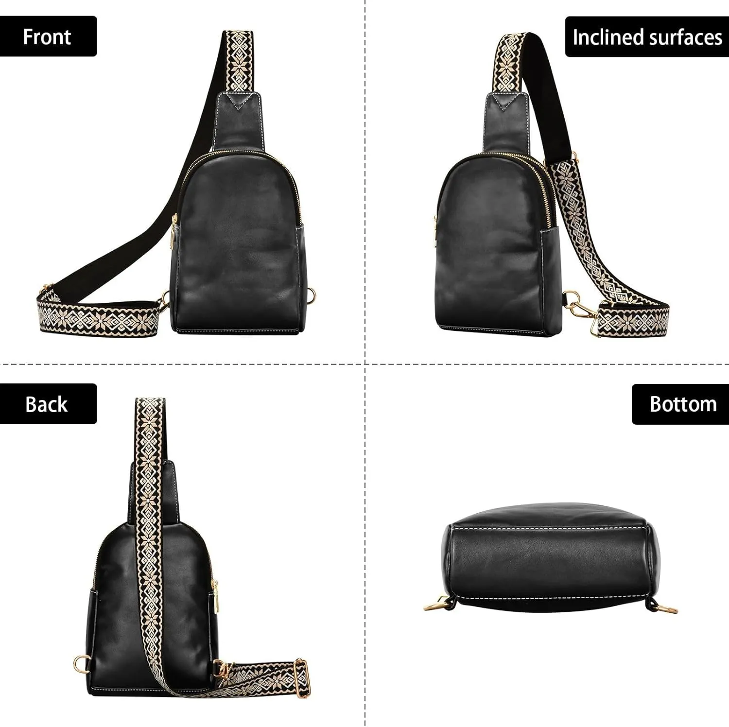 Black Crossbody Sling Bag for Women Men Leather Chest Bags Purse Adjustable Cross Body Daypack for Travel Workout Outdoors