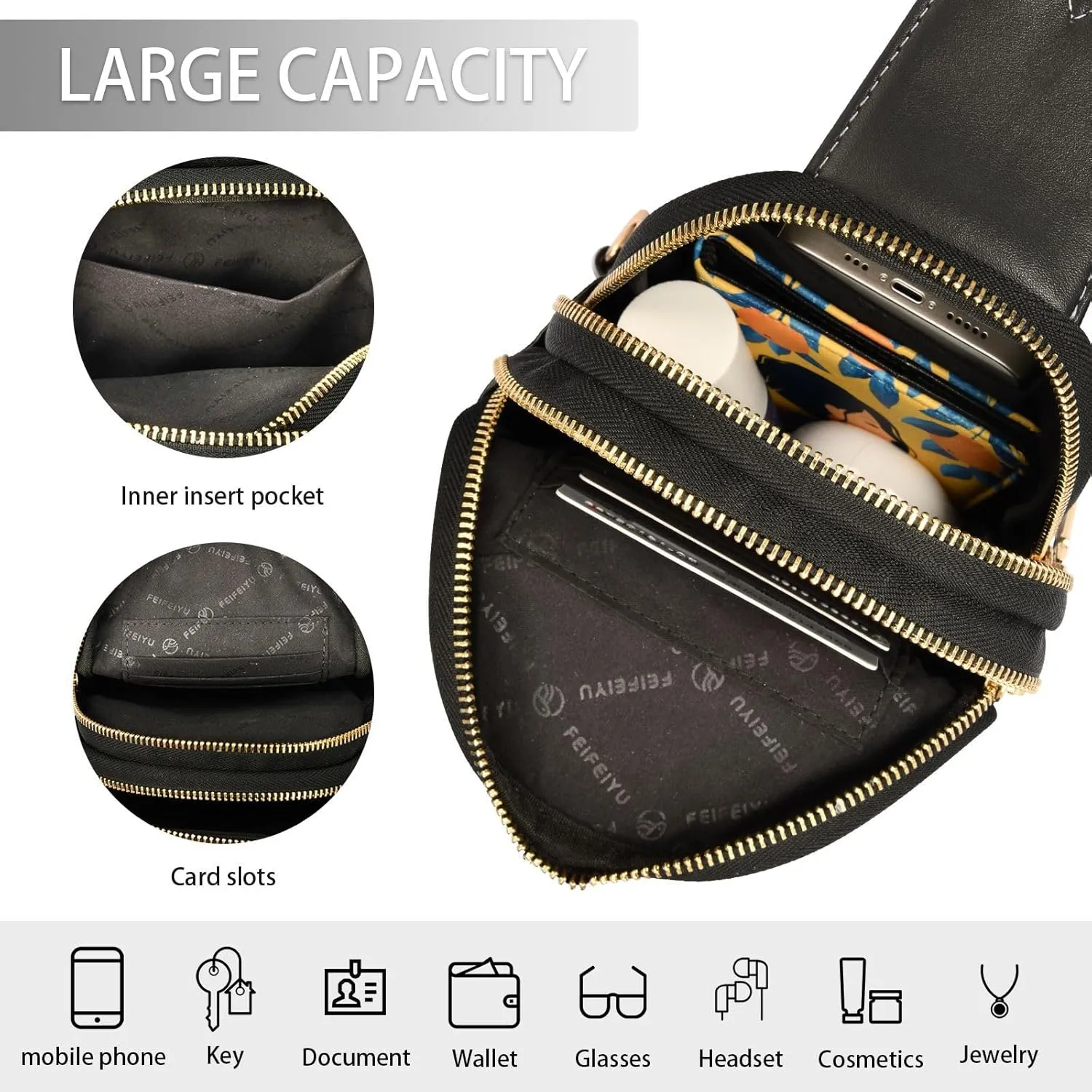 Black Crossbody Sling Bag for Women Men Leather Chest Bags Purse Adjustable Cross Body Daypack for Travel Workout Outdoors