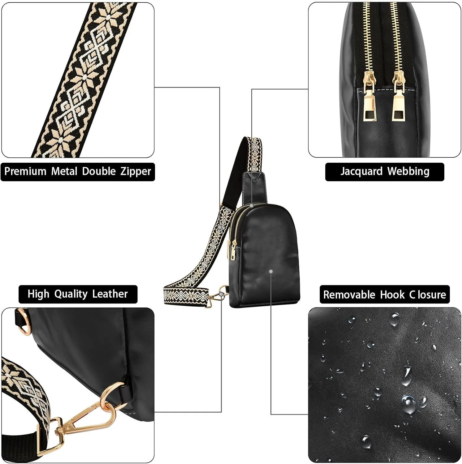 Black Crossbody Sling Bag for Women Men Leather Chest Bags Purse Adjustable Cross Body Daypack for Travel Workout Outdoors