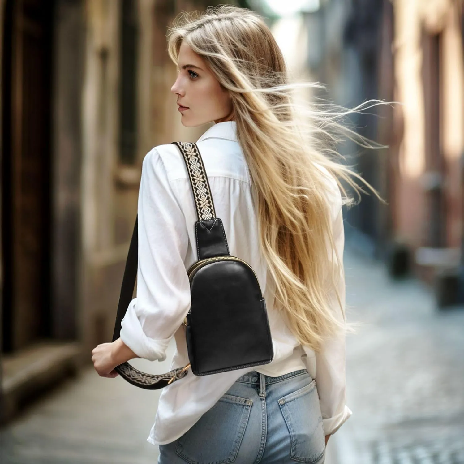 Black Crossbody Sling Bag for Women Men Leather Chest Bags Purse Adjustable Cross Body Daypack for Travel Workout Outdoors