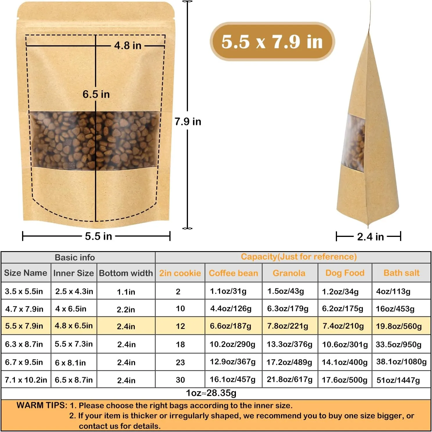 Blisstime Stand Up Pouch, 100 Pack Kraft Paper Zip Lock Bags with Matte Window and Tear Notch Resealable Bags for Small Business and Home Use (5.5 X 7.9 Inches)
