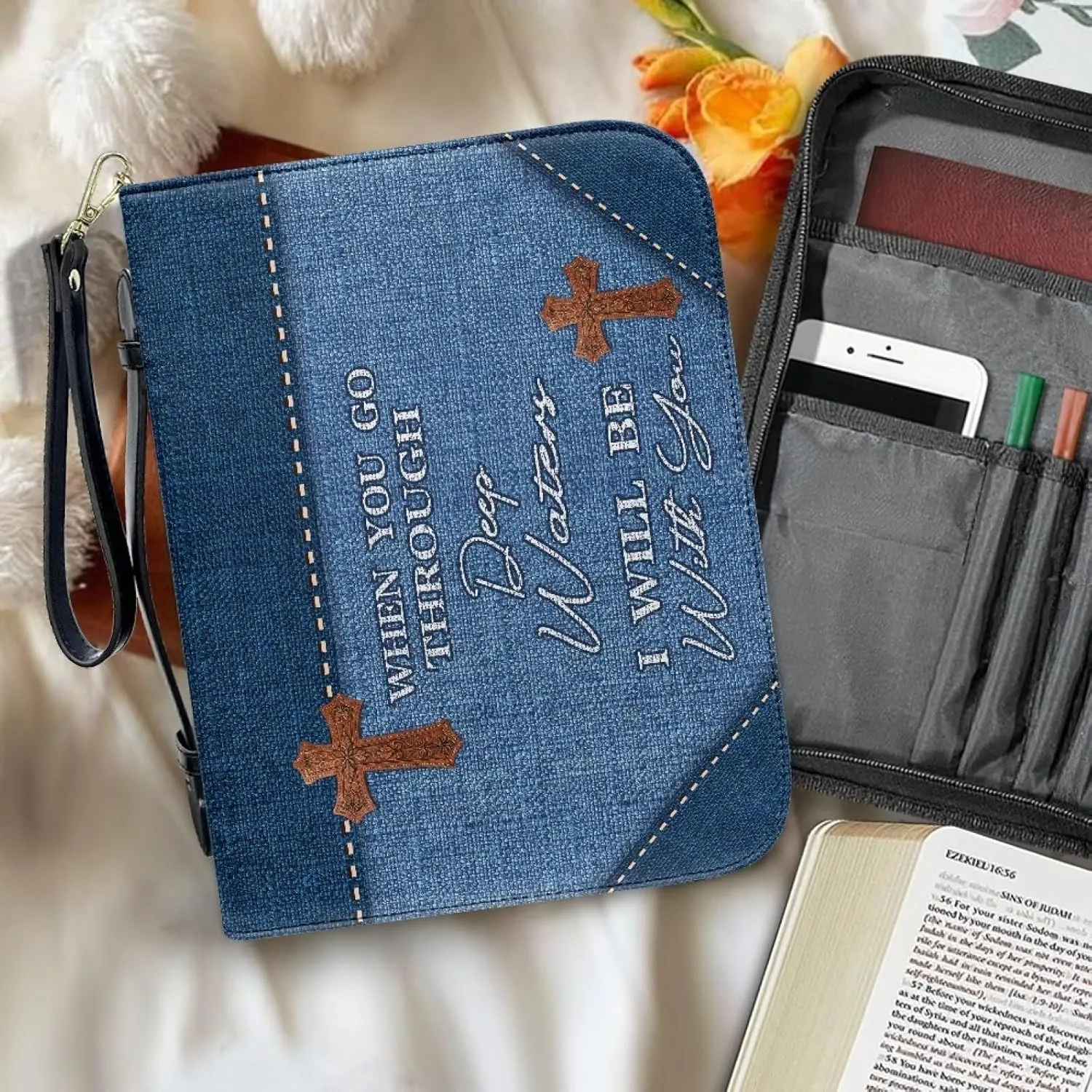 Blue Bible Covers for Women Leather Bible Case with Handle Zipper Christian Bible Book Accessories for Girl Bible Bag Scripture