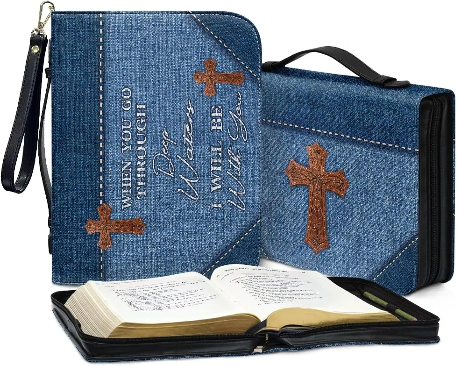 Blue Bible Covers for Women Leather Bible Case with Handle Zipper Christian Bible Book Accessories for Girl Bible Bag Scripture