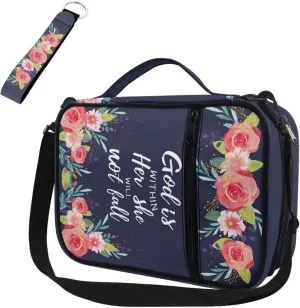 Blue Floral Print Bible Carrying Case for Women with Shoulder Strap and Keychian Big Girls Kids Lightweight Waterproof Bibile Cover Fits Standard Size Bible 9.6"x7.5"x2.5