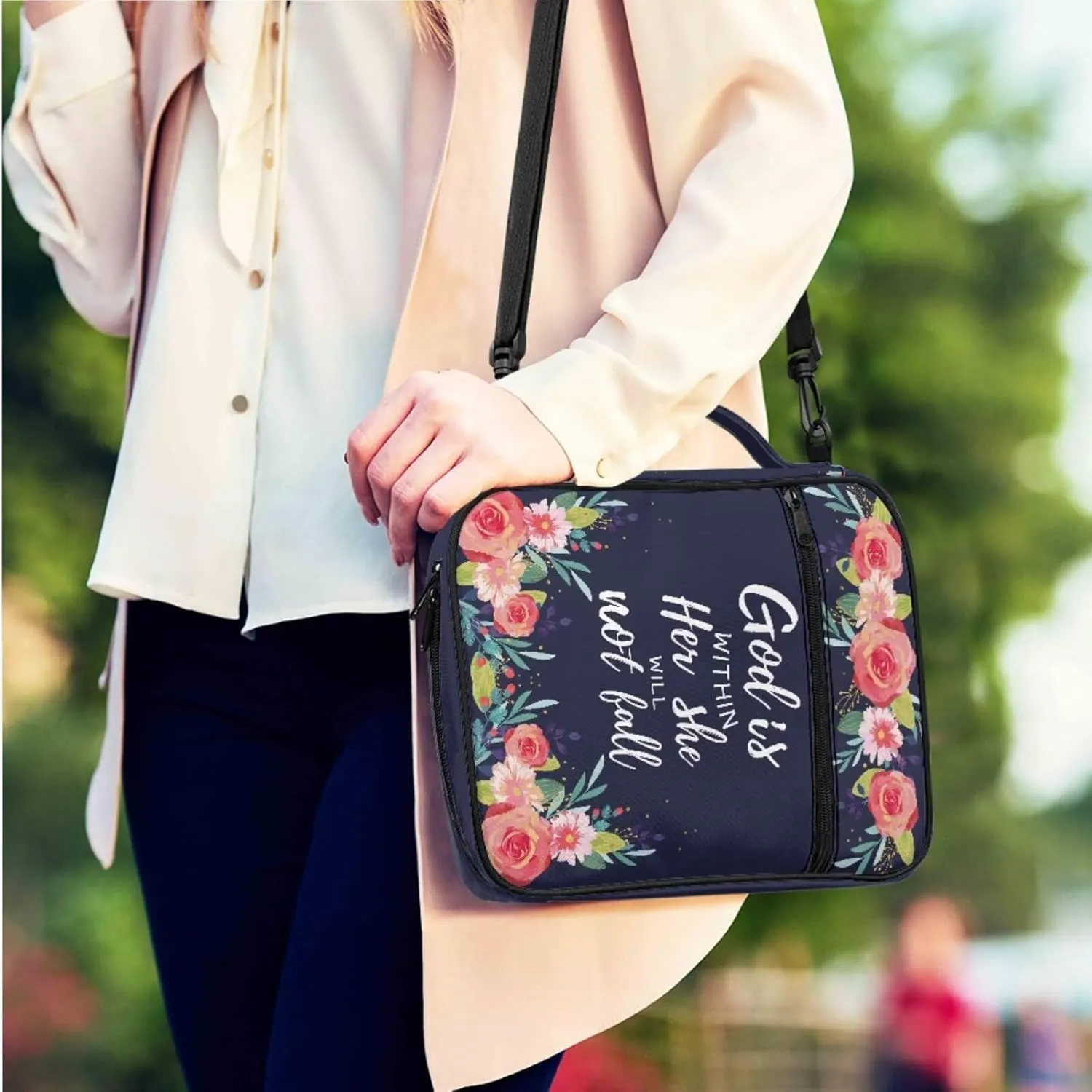 Blue Floral Print Bible Carrying Case for Women with Shoulder Strap and Keychian Big Girls Kids Lightweight Waterproof Bibile Cover Fits Standard Size Bible 9.6"x7.5"x2.5