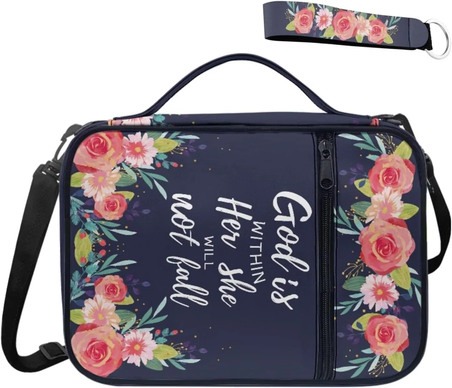 Blue Floral Print Bible Carrying Case for Women with Shoulder Strap and Keychian Big Girls Kids Lightweight Waterproof Bibile Cover Fits Standard Size Bible 9.6"x7.5"x2.5