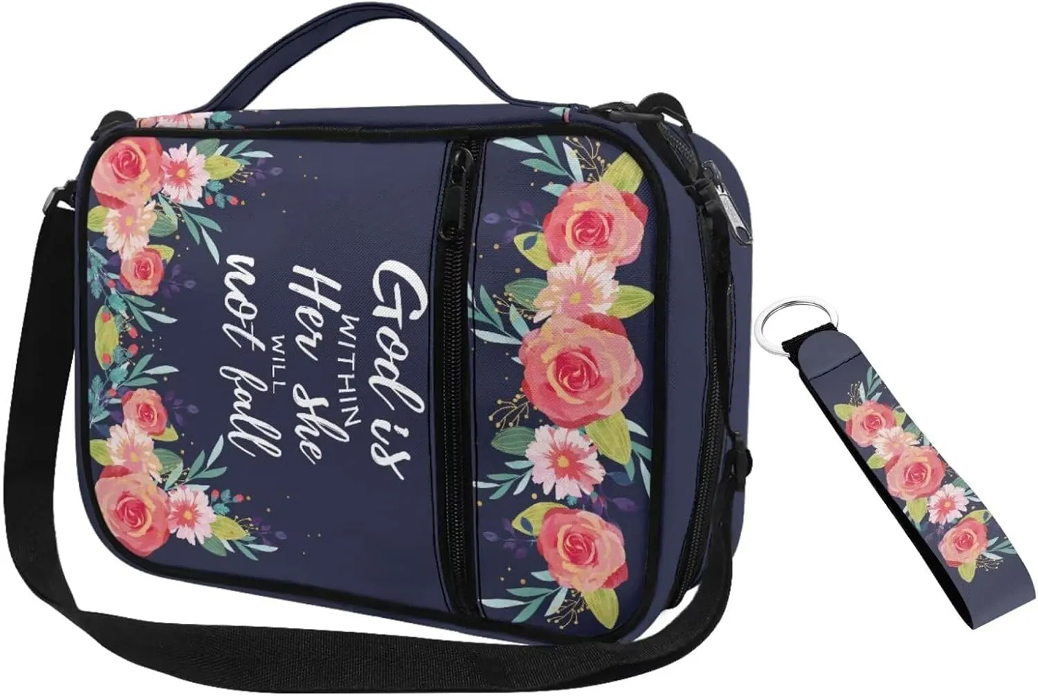 Blue Floral Print Bible Carrying Case for Women with Shoulder Strap and Keychian Big Girls Kids Lightweight Waterproof Bibile Cover Fits Standard Size Bible 9.6"x7.5"x2.5