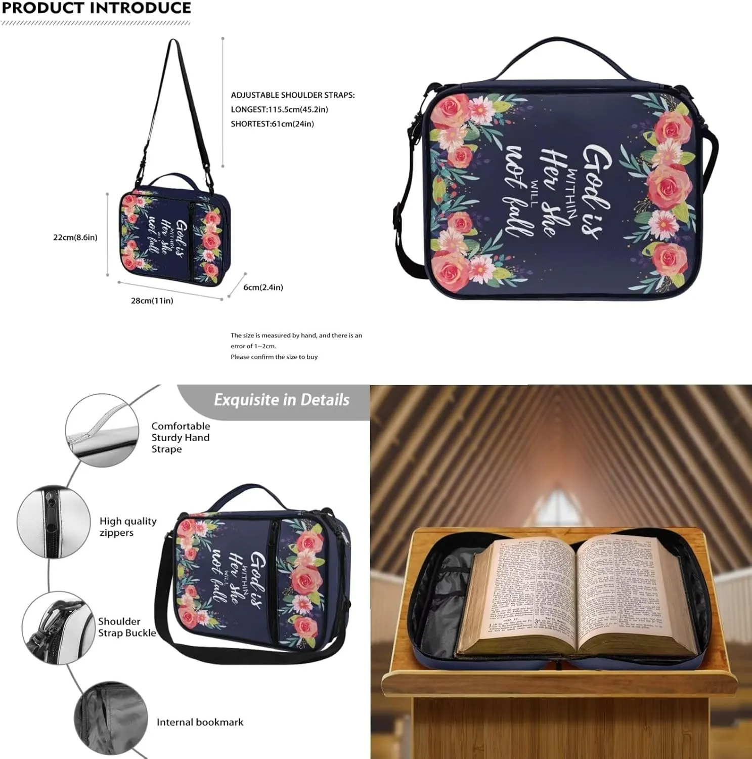 Blue Floral Print Bible Carrying Case for Women with Shoulder Strap and Keychian Big Girls Kids Lightweight Waterproof Bibile Cover Fits Standard Size Bible 9.6"x7.5"x2.5