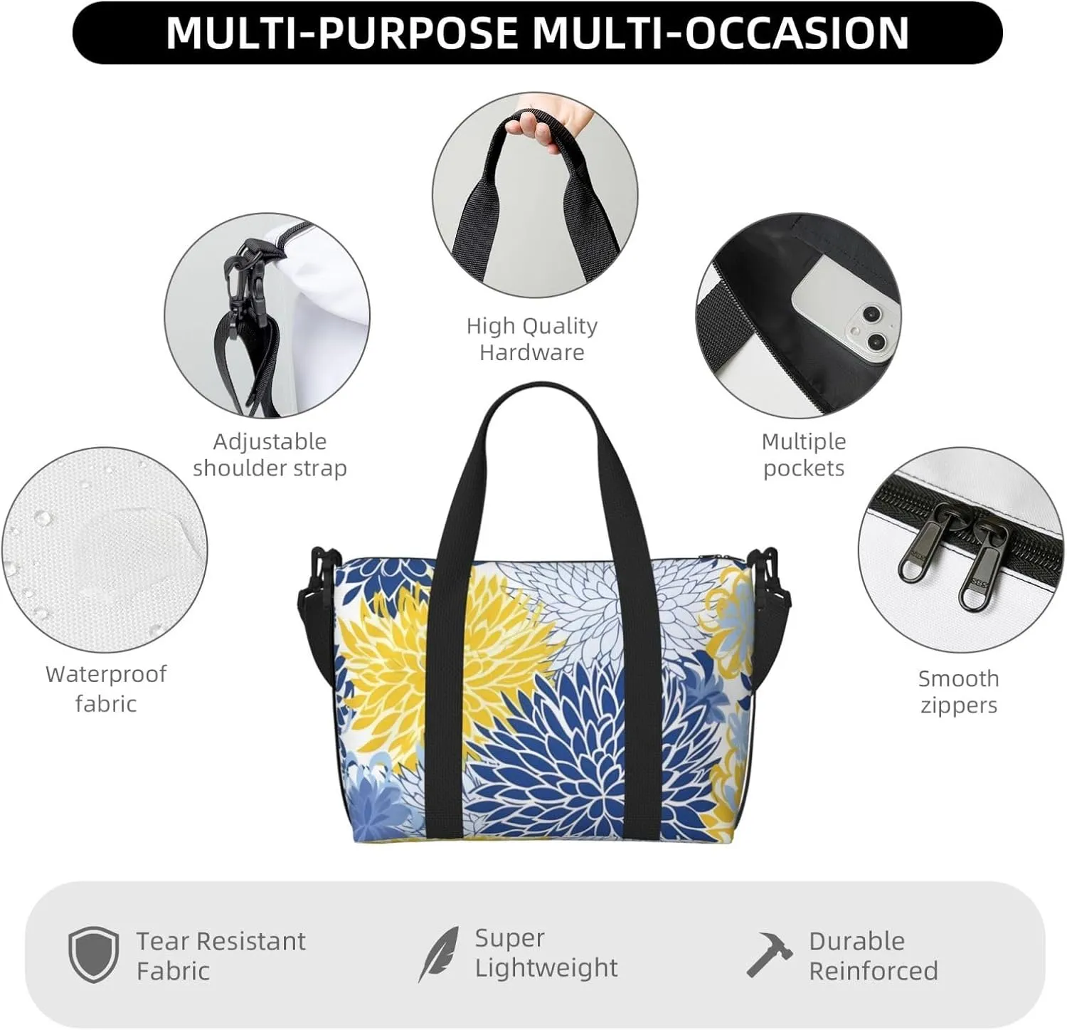 Blue Flower Travel Duffel Bags for Women Men, Sports Training Gym Bag Dance Bag with Adjustable Shoulder Strap Yellow Floral Weekender Overnight Bag