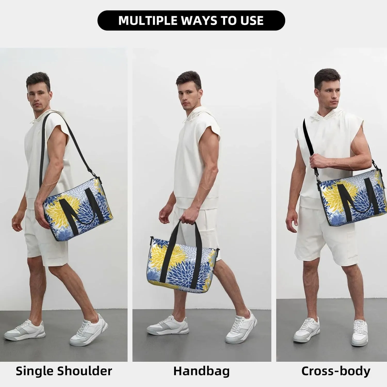 Blue Flower Travel Duffel Bags for Women Men, Sports Training Gym Bag Dance Bag with Adjustable Shoulder Strap Yellow Floral Weekender Overnight Bag