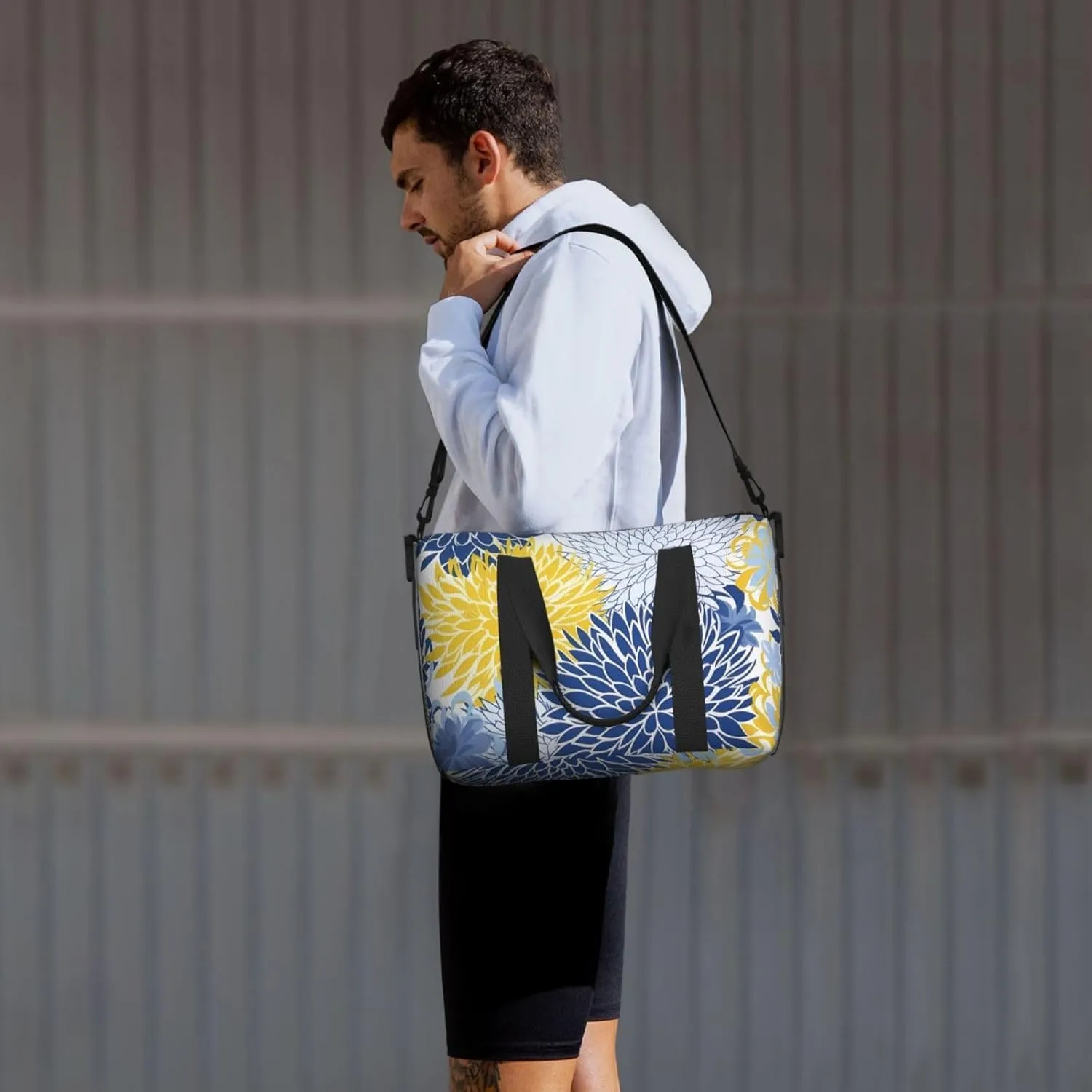 Blue Flower Travel Duffel Bags for Women Men, Sports Training Gym Bag Dance Bag with Adjustable Shoulder Strap Yellow Floral Weekender Overnight Bag