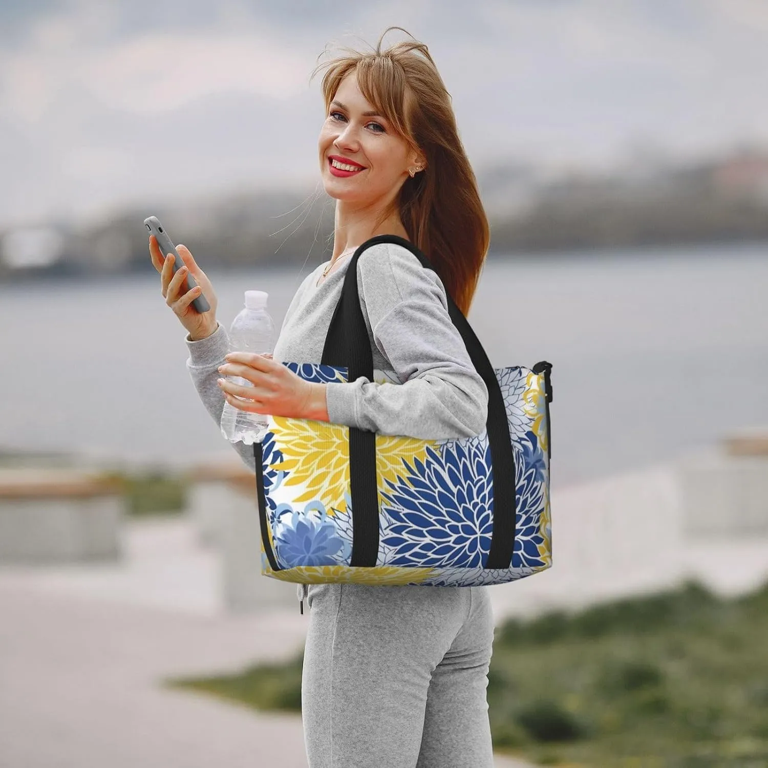 Blue Flower Travel Duffel Bags for Women Men, Sports Training Gym Bag Dance Bag with Adjustable Shoulder Strap Yellow Floral Weekender Overnight Bag