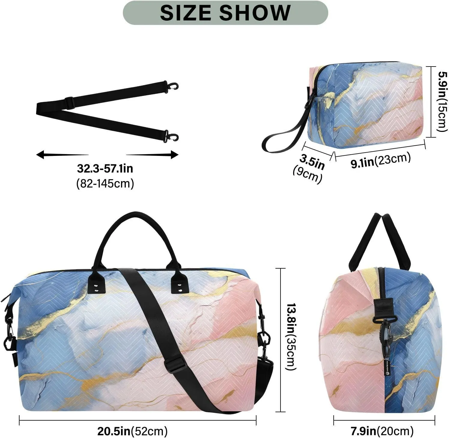 Blue Golden Marble Travel Duffle Bag Quilt Gym Bag Carry On Bag Weekender Bags Overnight Bag with Make Up Bag for Ladies Women Airplane Trip Travel Essentials Gifts