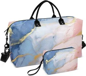 Blue Golden Marble Travel Duffle Bag Quilt Gym Bag Carry On Bag Weekender Bags Overnight Bag with Make Up Bag for Ladies Women Airplane Trip Travel Essentials Gifts