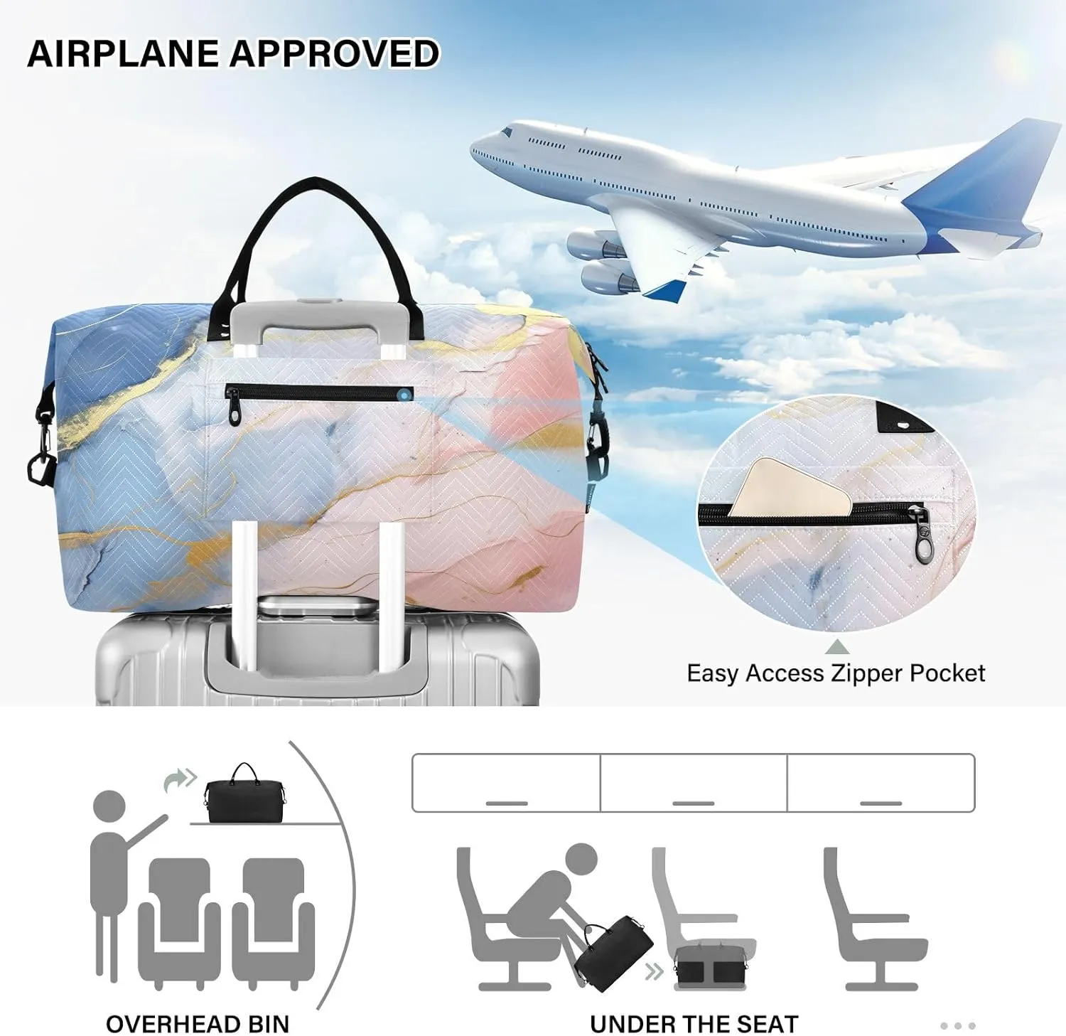 Blue Golden Marble Travel Duffle Bag Quilt Gym Bag Carry On Bag Weekender Bags Overnight Bag with Make Up Bag for Ladies Women Airplane Trip Travel Essentials Gifts