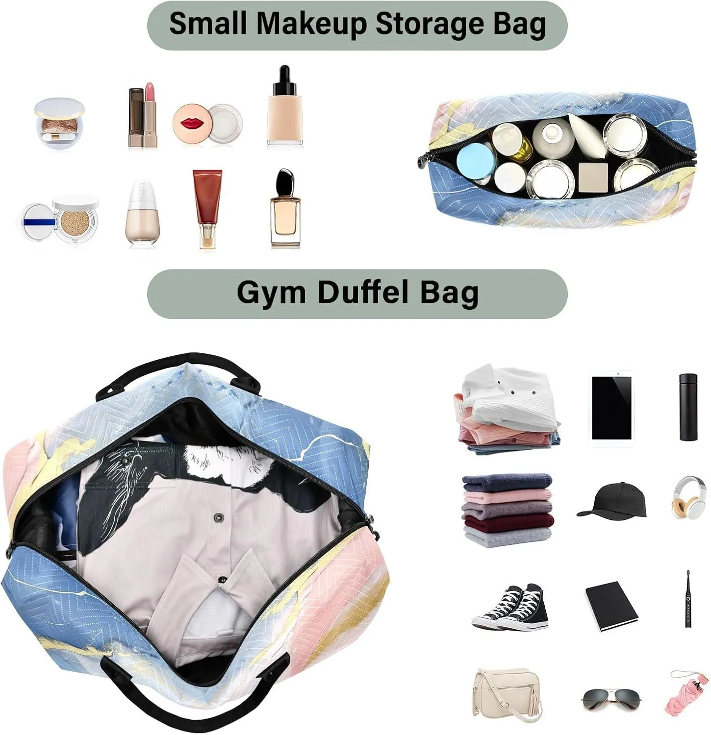 Blue Golden Marble Travel Duffle Bag Quilt Gym Bag Carry On Bag Weekender Bags Overnight Bag with Make Up Bag for Ladies Women Airplane Trip Travel Essentials Gifts