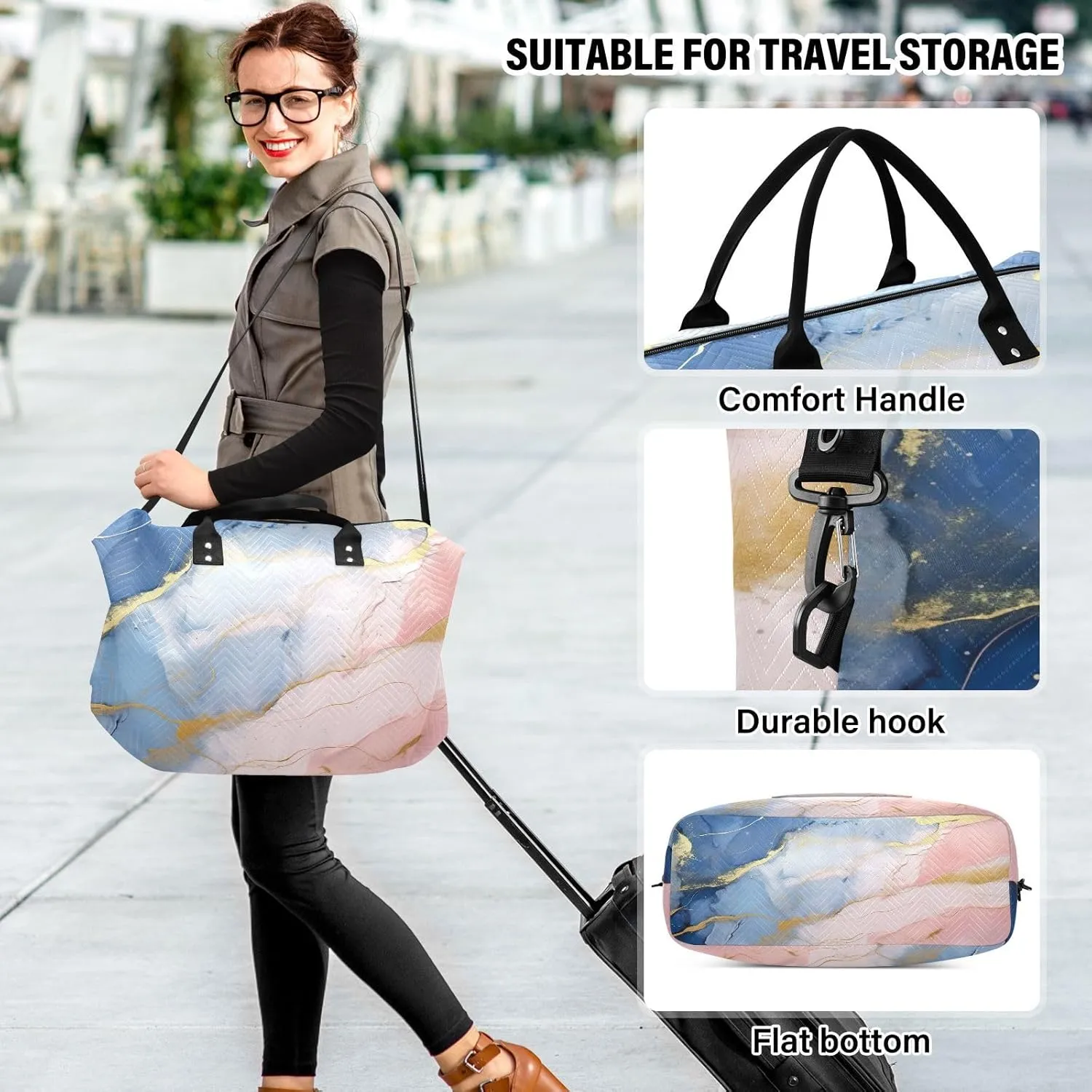 Blue Golden Marble Travel Duffle Bag Quilt Gym Bag Carry On Bag Weekender Bags Overnight Bag with Make Up Bag for Ladies Women Airplane Trip Travel Essentials Gifts